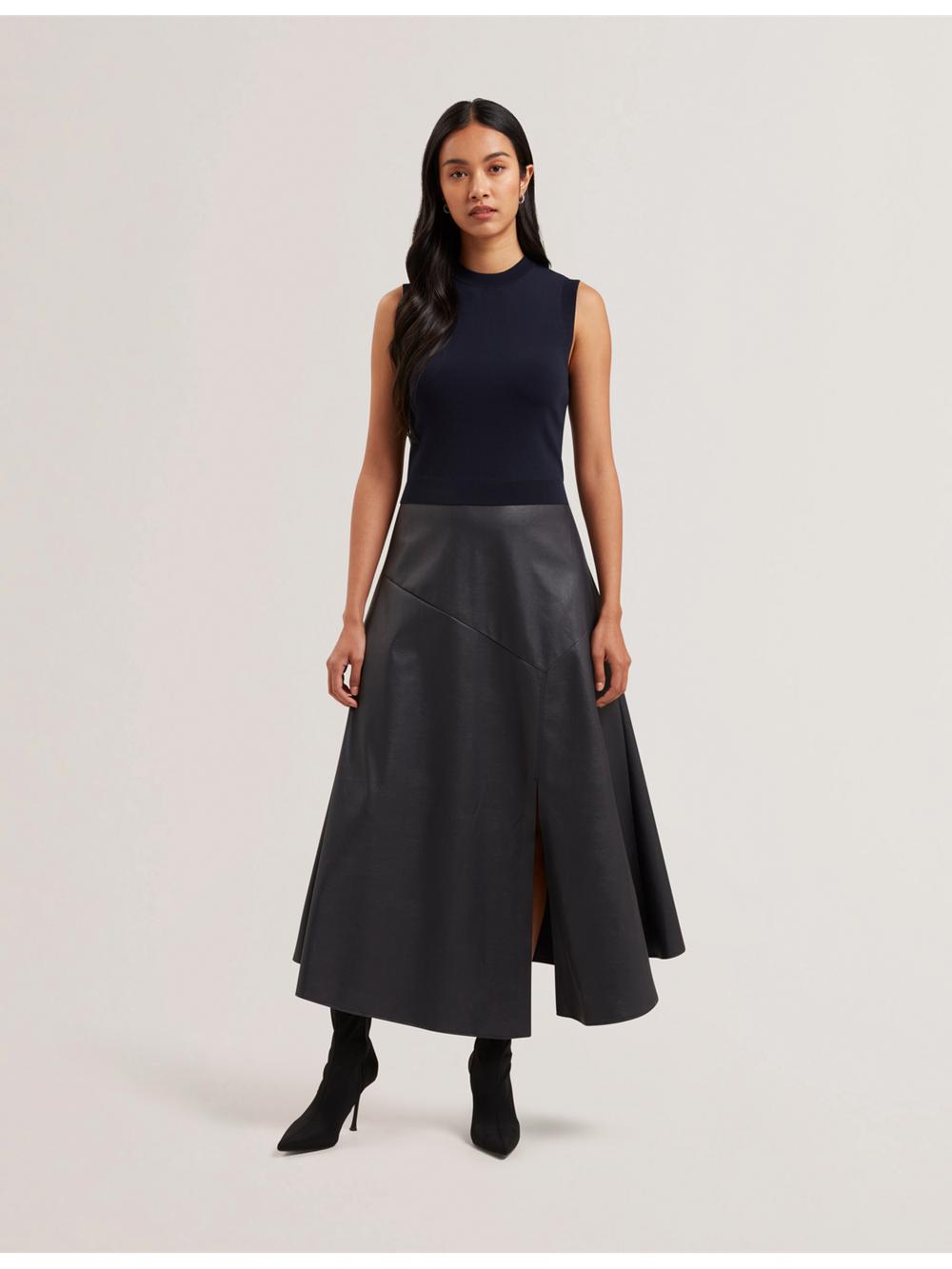 Navy Ted Baker LABASA - Sleeveless Knit Faux Leather Women Midi Dresses | SG  5746-SEKPB