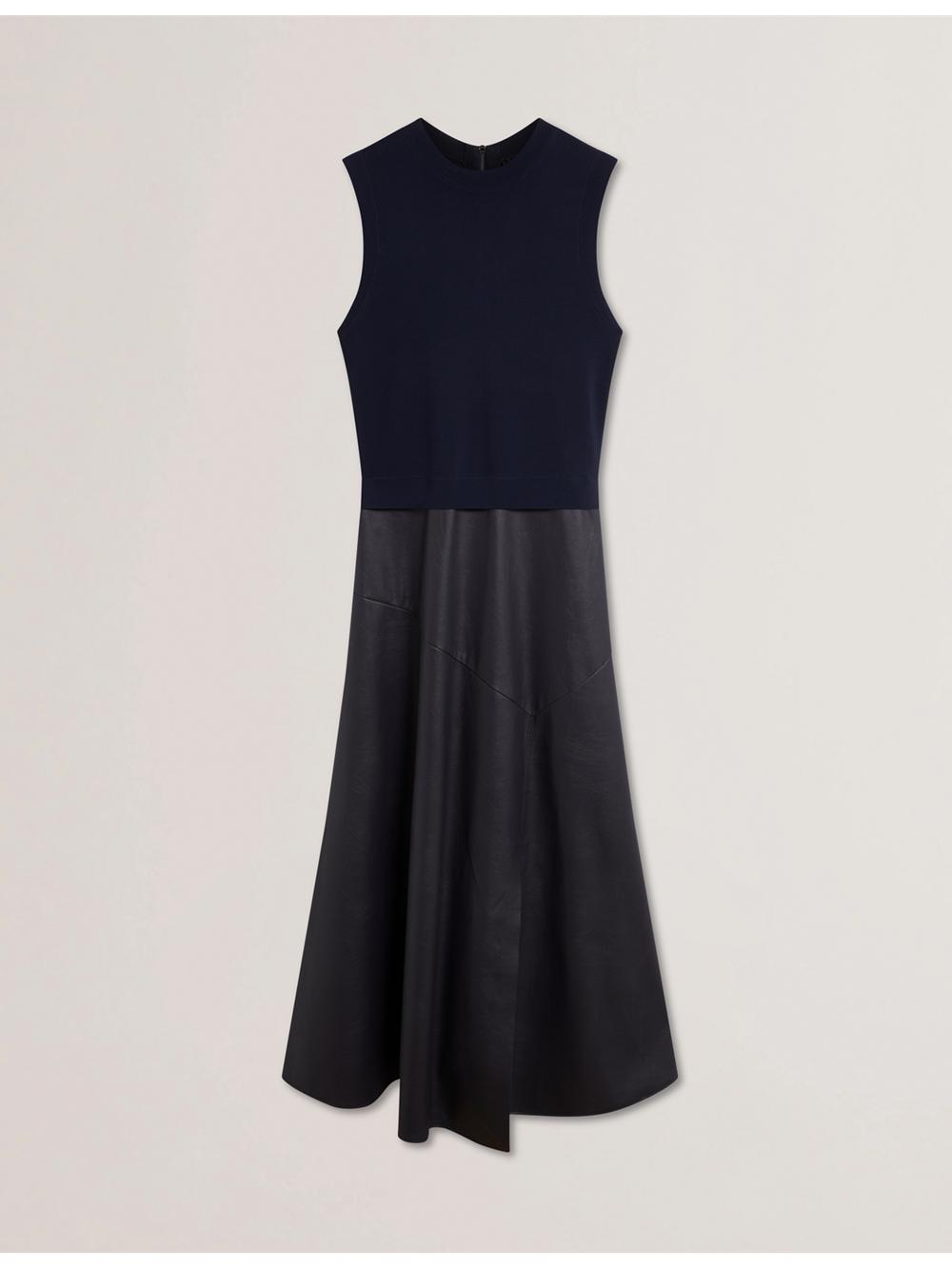 Navy Ted Baker LABASA - Sleeveless Knit Faux Leather Women Midi Dresses | SG  5746-SEKPB