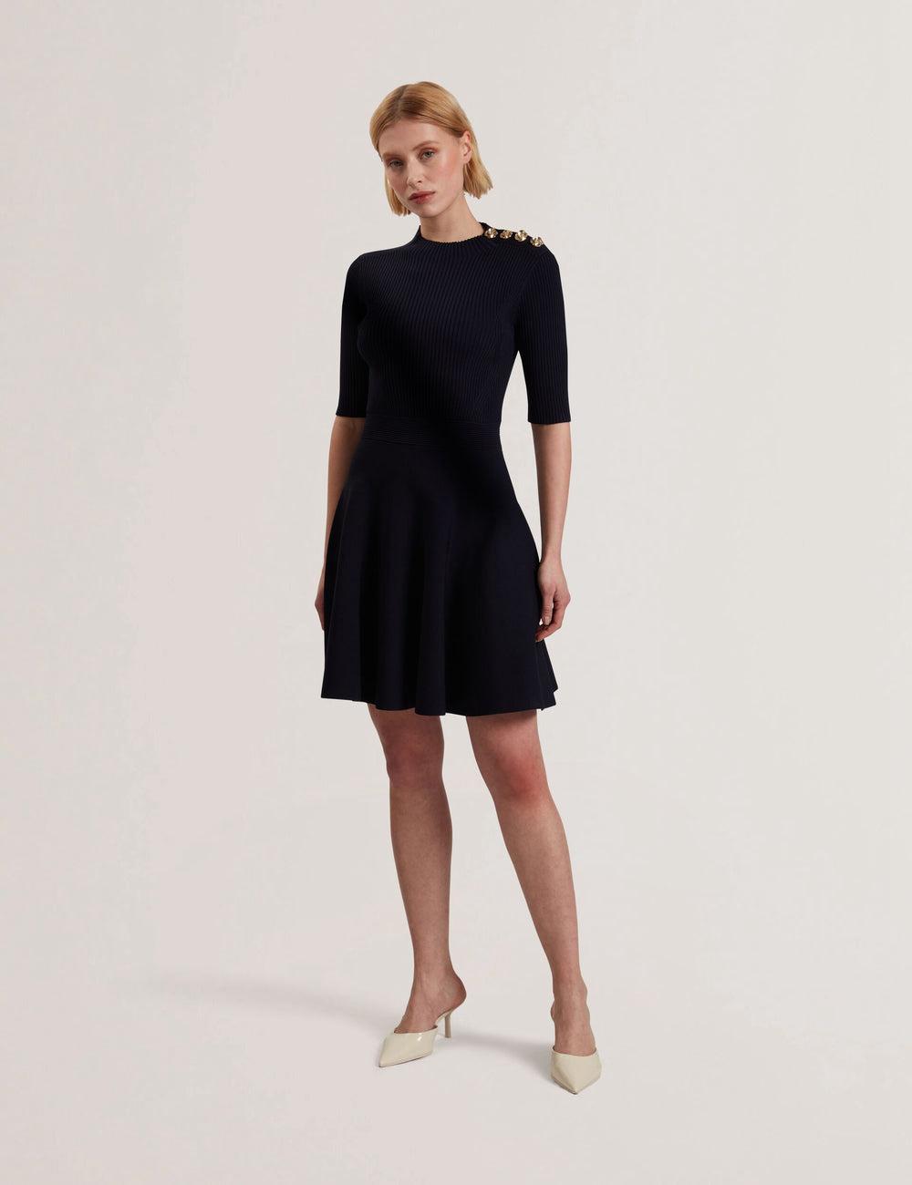 Navy Ted Baker LILANO - Ribbed Knit Skater With Rose Buttons Women Mini Dresses | SG  7453-ZWTPC