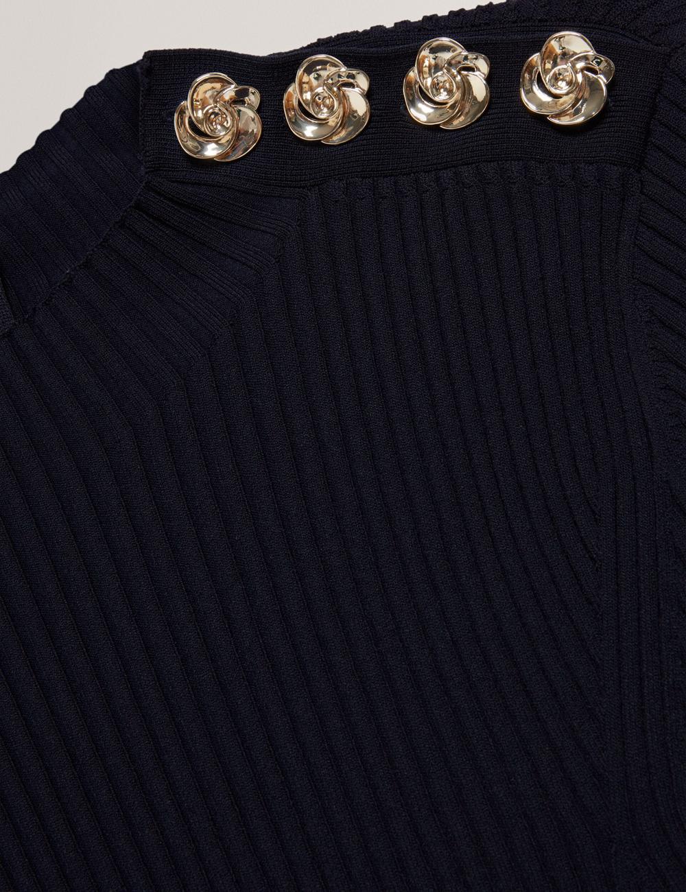 Navy Ted Baker LILANO - Ribbed Knit Skater With Rose Buttons Women Mini Dresses | SG  7453-ZWTPC