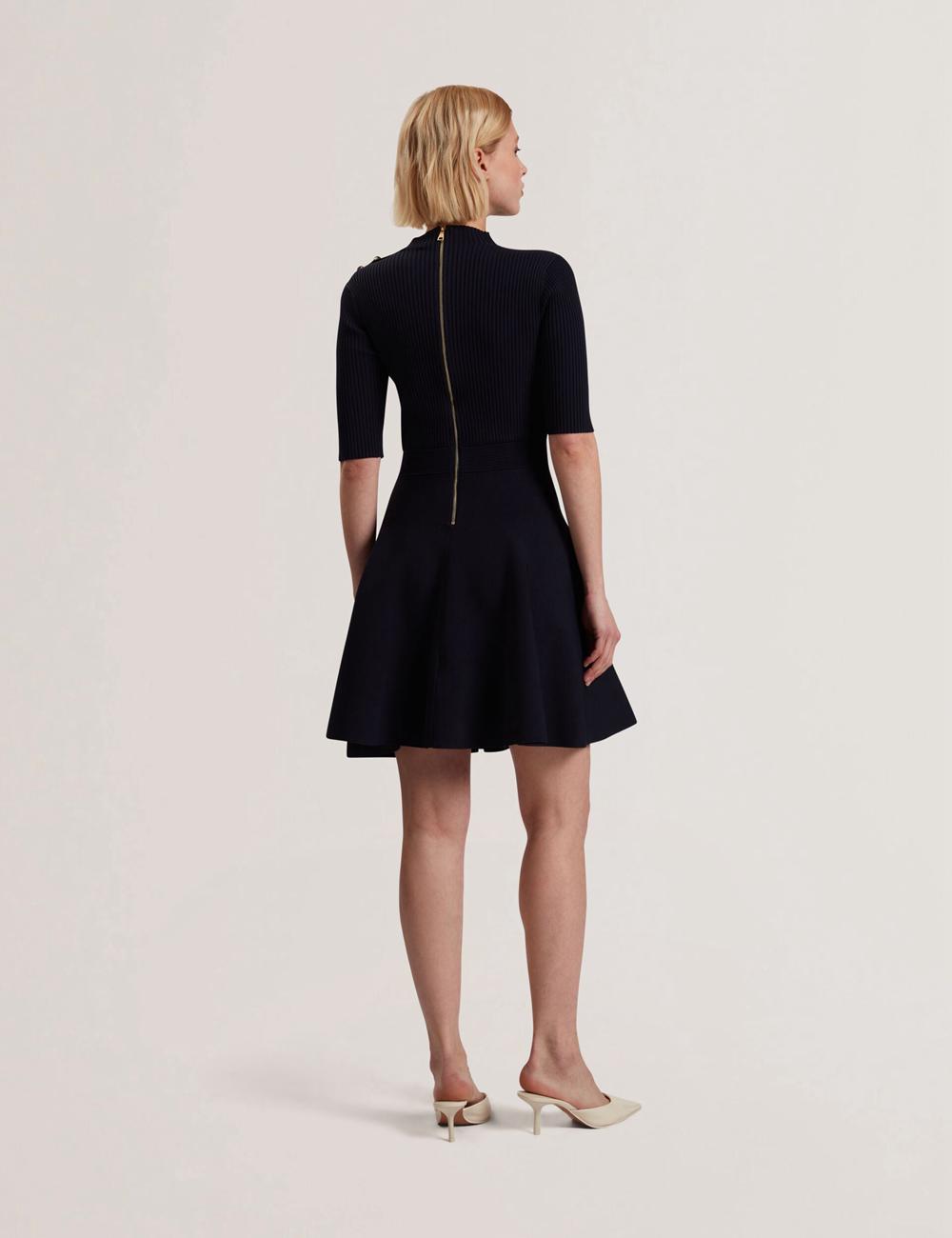 Navy Ted Baker LILANO - Ribbed Knit Skater With Rose Buttons Women Mini Dresses | SG  7453-ZWTPC