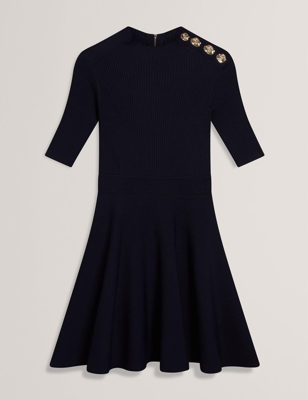 Navy Ted Baker LILANO - Ribbed Knit Skater With Rose Buttons Women Mini Dresses | SG  7453-ZWTPC