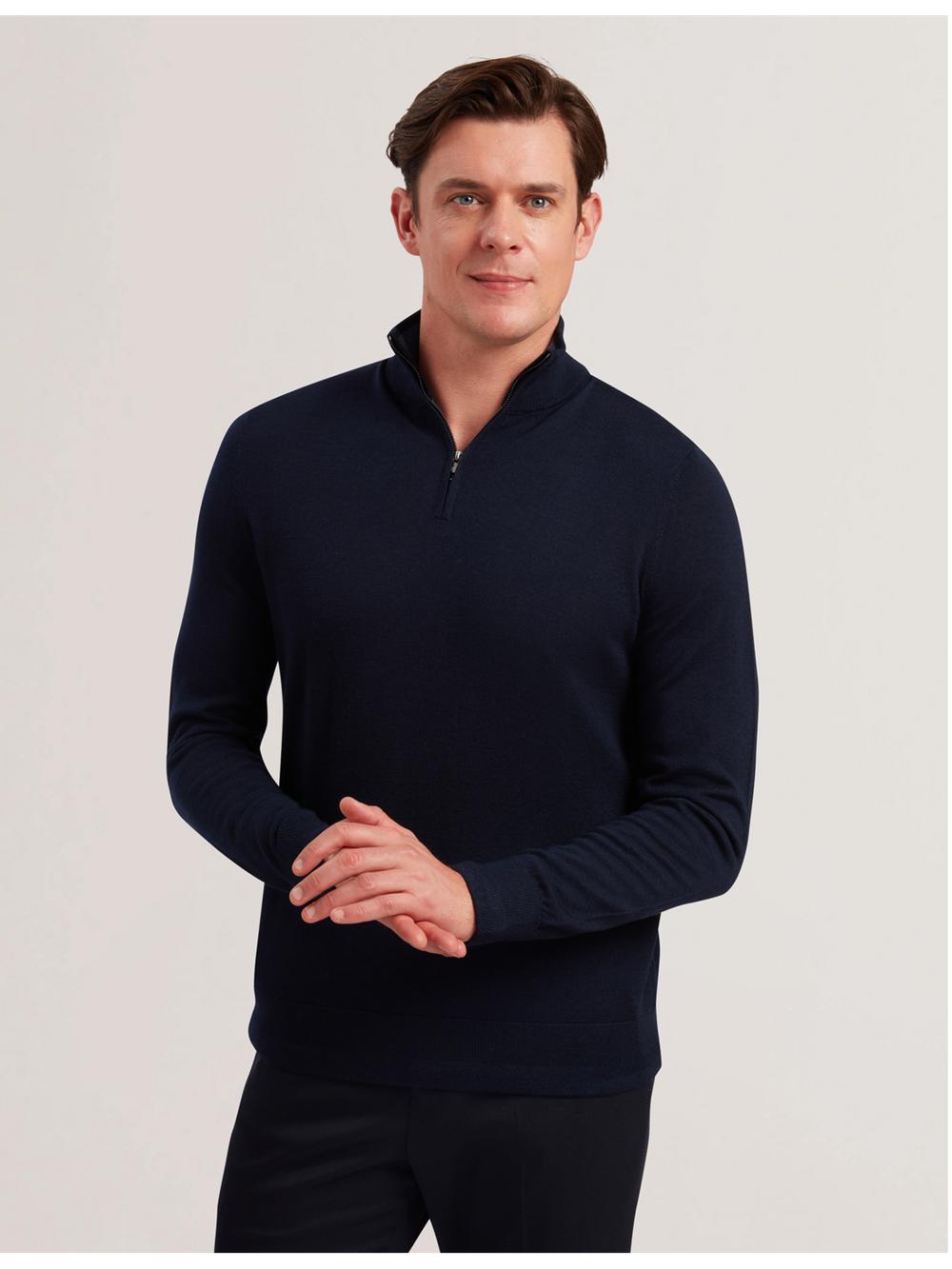 Navy Ted Baker LIMEHAS - Wool Quarter Zip Funnel Neck Sweater Men Jumpers | SG  2540-ZJRQO