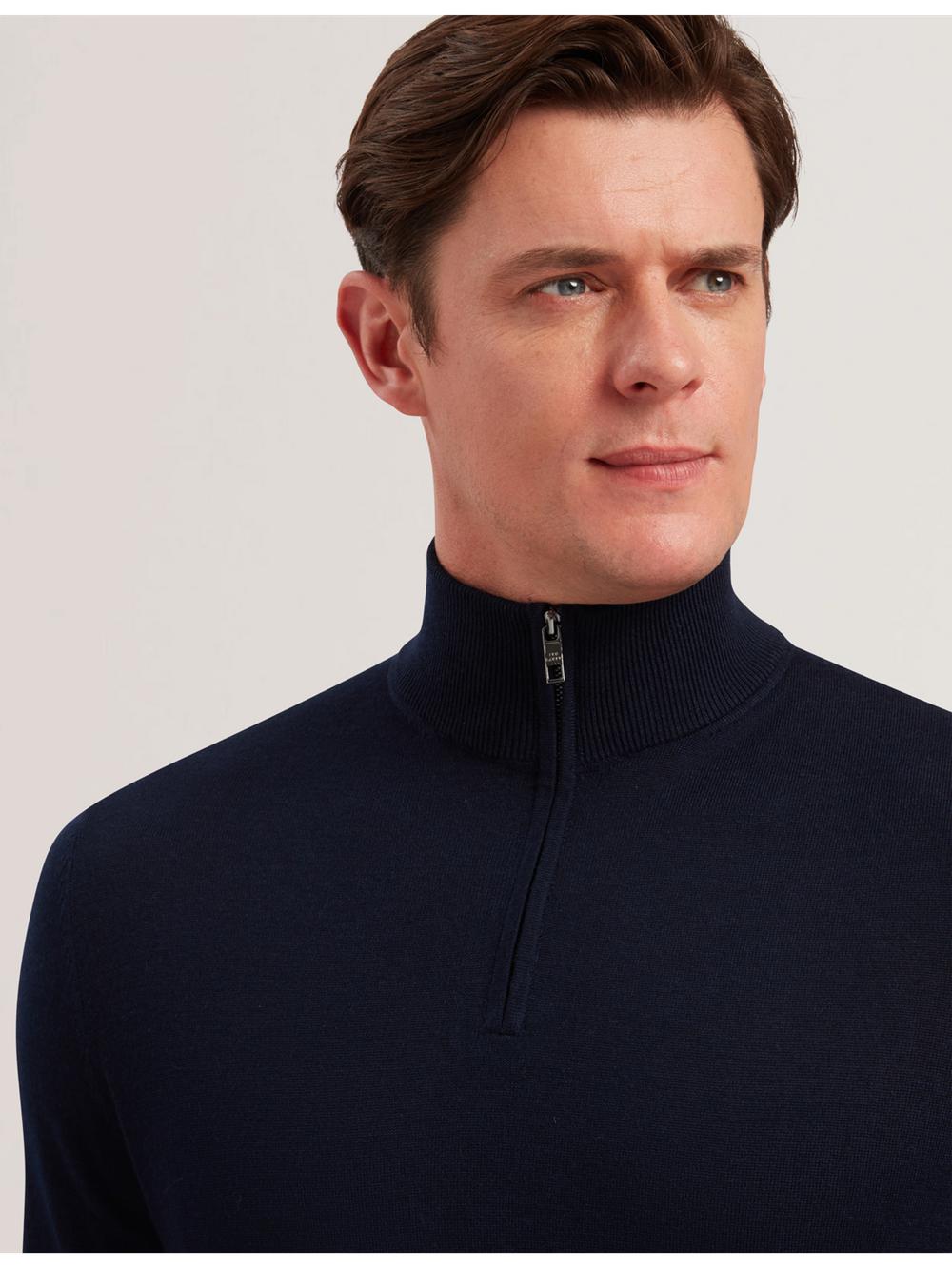 Navy Ted Baker LIMEHAS - Wool Quarter Zip Funnel Neck Sweater Men Jumpers | SG  2540-ZJRQO