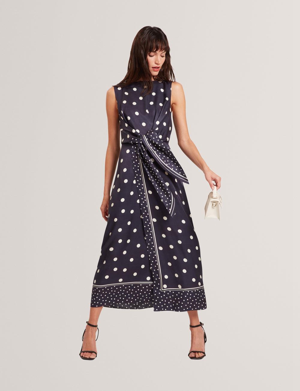 Navy Ted Baker MALMOA - Polka Dot Detail Column Women Midi Dresses | SG  8361-UWELB