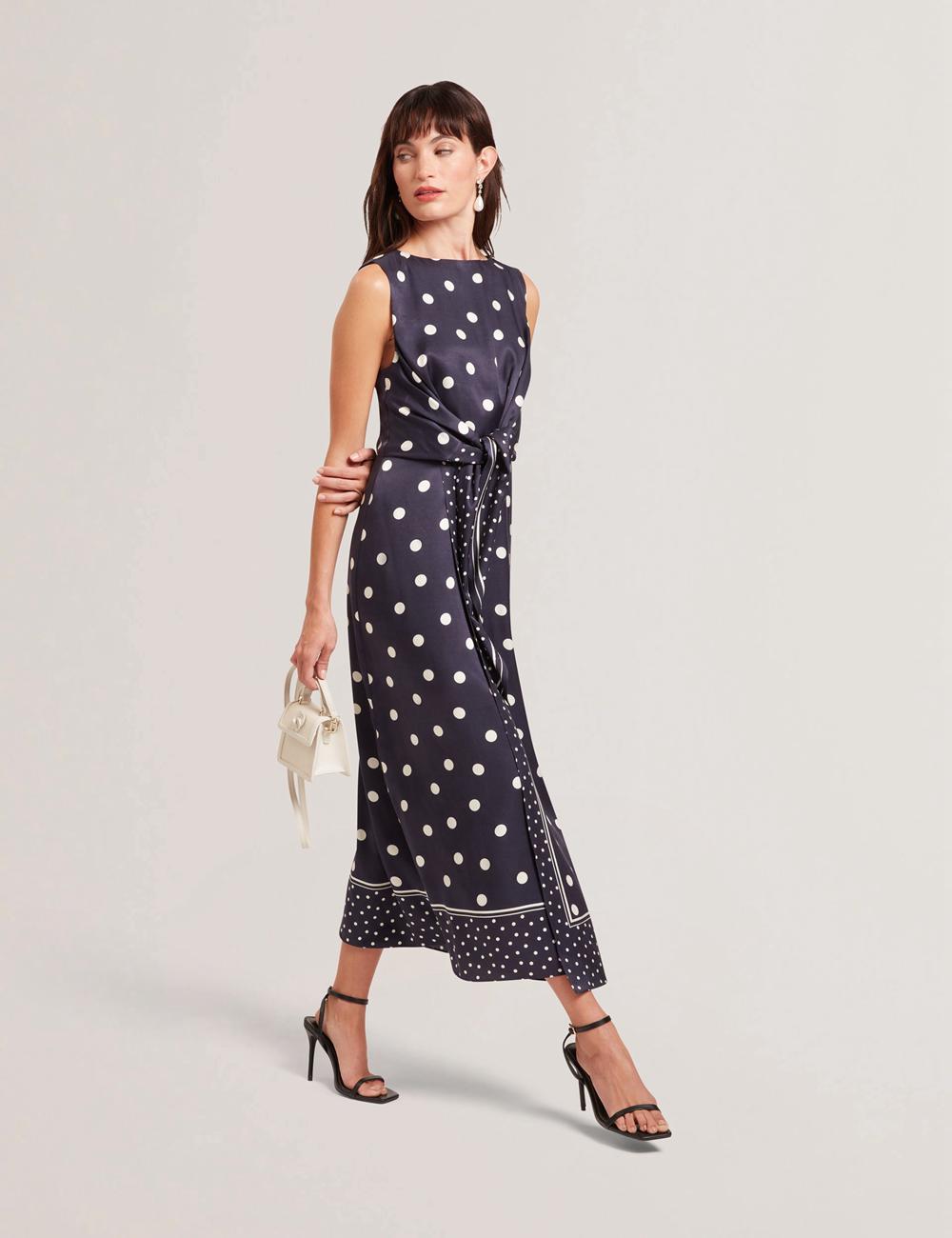 Navy Ted Baker MALMOA - Polka Dot Detail Column Women Midi Dresses | SG  8361-UWELB