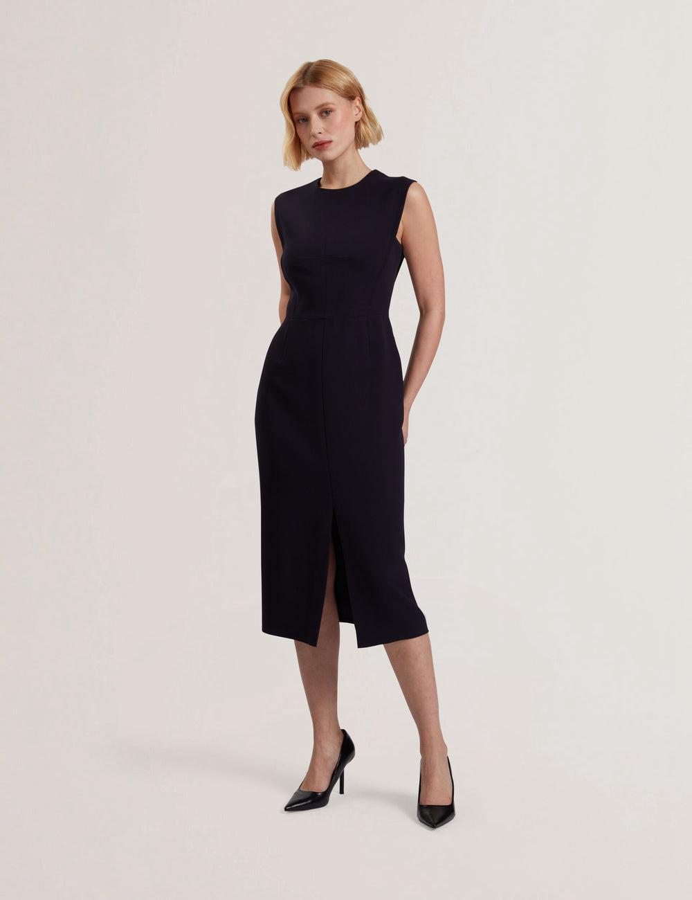 Navy Ted Baker MANABDL - Tailored Sleeveless With Front Split Women Midi Dresses | SG  5703-EHRSY