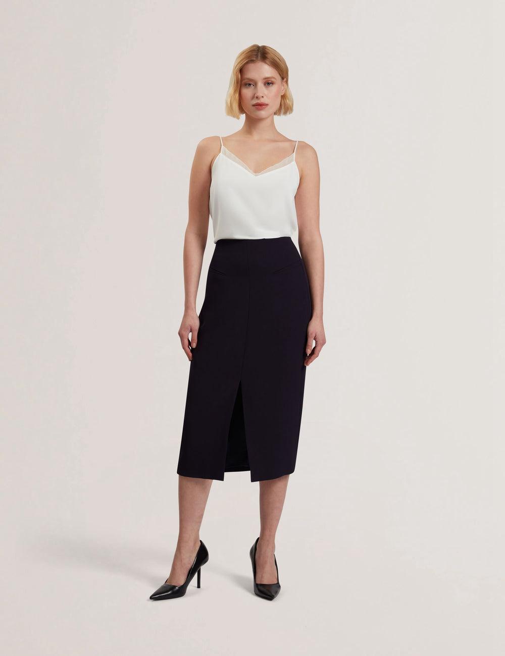 Navy Ted Baker MANABSL - Tailored Midi Pencil Skirt With Front Split Women Midi Skirts | SG  7084-TANRB