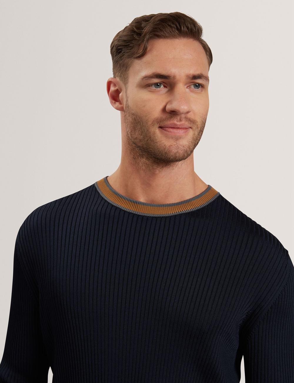 Navy Ted Baker NAYOR - Long Sleeve Rayon Ribbed Crew Neck Men Jumpers | SG  4537-EBXGK