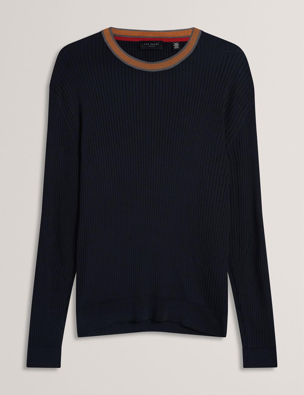 Navy Ted Baker NAYOR - Long Sleeve Rayon Ribbed Crew Neck Men Jumpers | SG  4537-EBXGK