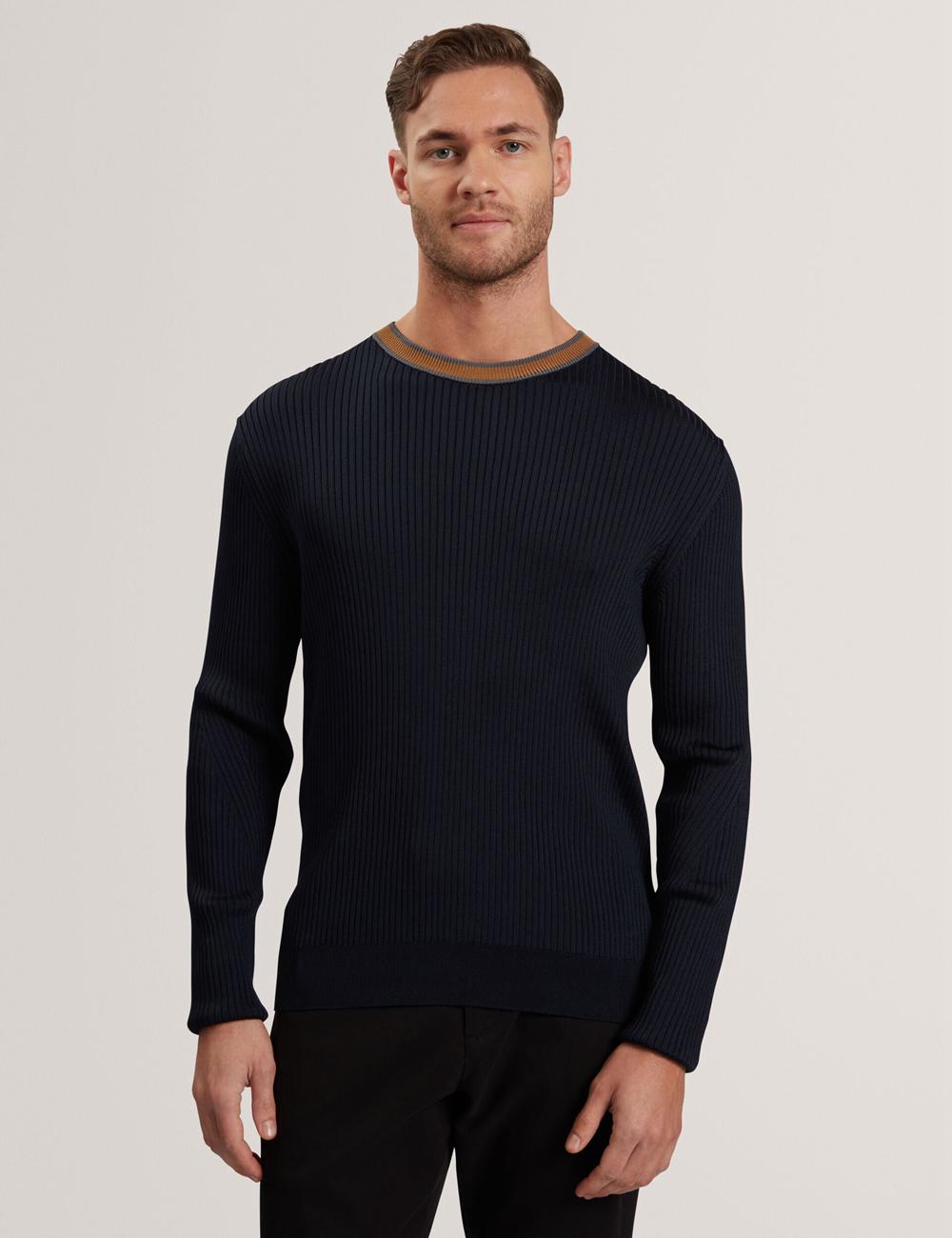 Navy Ted Baker NAYOR - Long Sleeve Rayon Ribbed Crew Neck Men Jumpers | SG  4537-EBXGK