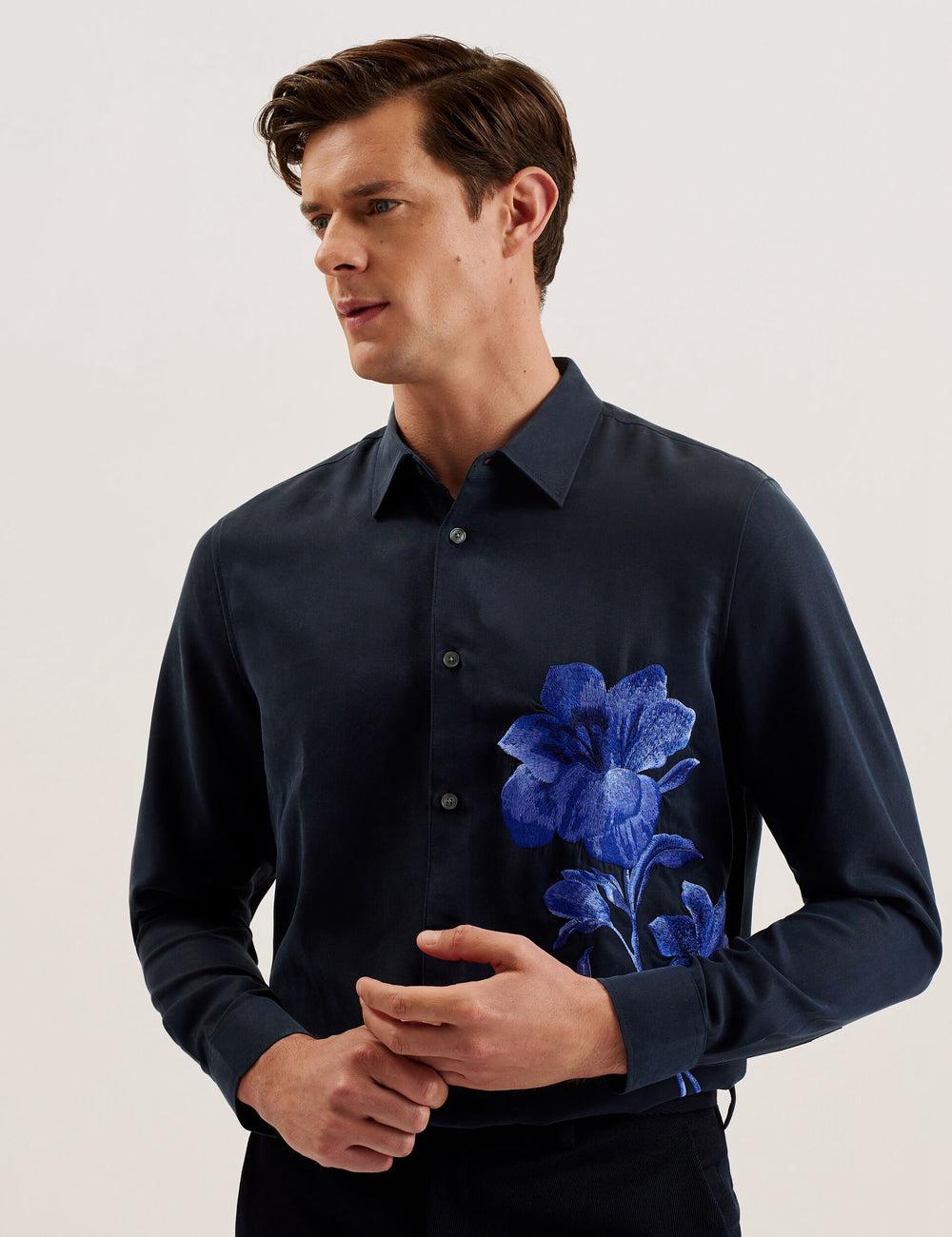 Navy Ted Baker NESSMEN - Embroidered Detail Relaxed Fit Men Casual Shirts | SG  0497-DGNCT