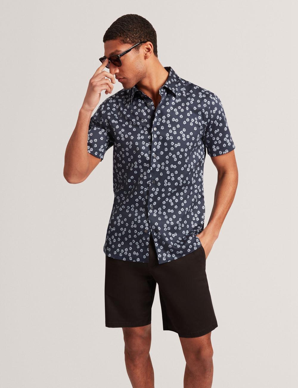 Navy Ted Baker NIKSHO - Short Sleeve Slim Ditsy Floral Men Casual Shirts | SG  1386-KNXTC
