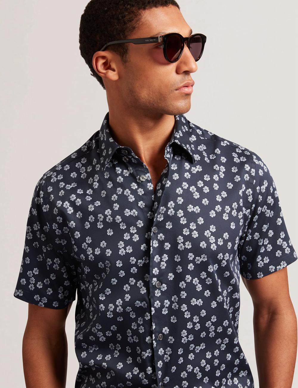 Navy Ted Baker NIKSHO - Short Sleeve Slim Ditsy Floral Men Casual Shirts | SG  1386-KNXTC