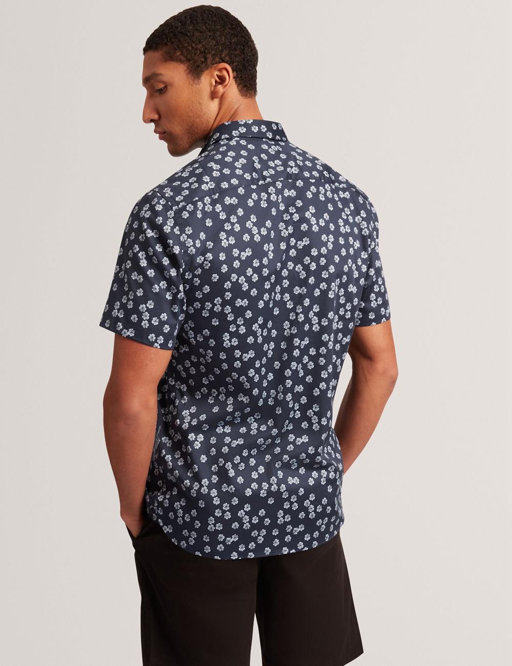 Navy Ted Baker NIKSHO - Short Sleeve Slim Ditsy Floral Men Casual Shirts | SG  1386-KNXTC