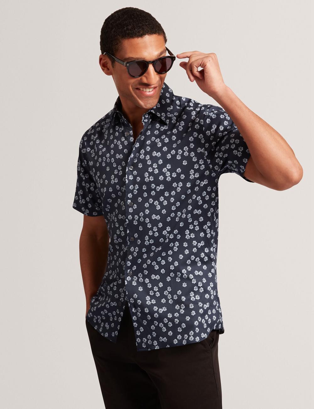 Navy Ted Baker NIKSHO - Short Sleeve Slim Ditsy Floral Men Casual Shirts | SG  1386-KNXTC