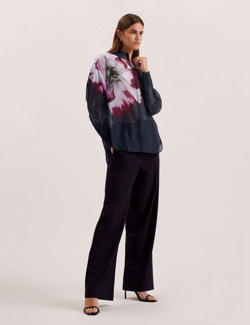 Navy Ted Baker ORRIN - Floral Sheer Organza Oversized Women Casual Shirts | SG  5987-WZAOQ
