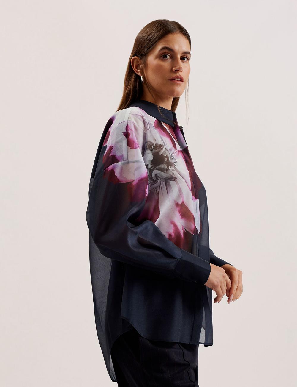 Navy Ted Baker ORRIN - Floral Sheer Organza Oversized Women Casual Shirts | SG  5987-WZAOQ