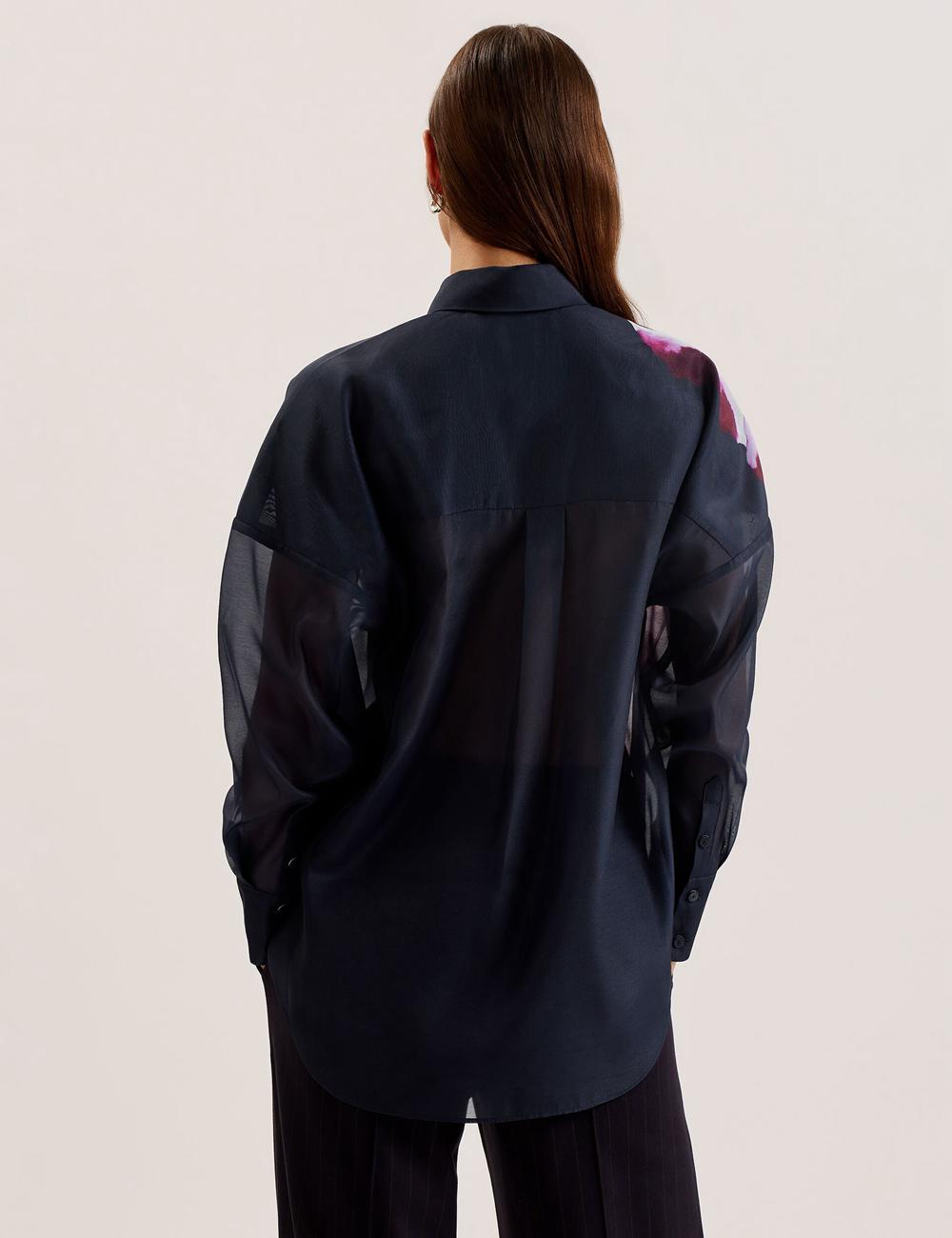 Navy Ted Baker ORRIN - Floral Sheer Organza Oversized Women Casual Shirts | SG  5987-WZAOQ