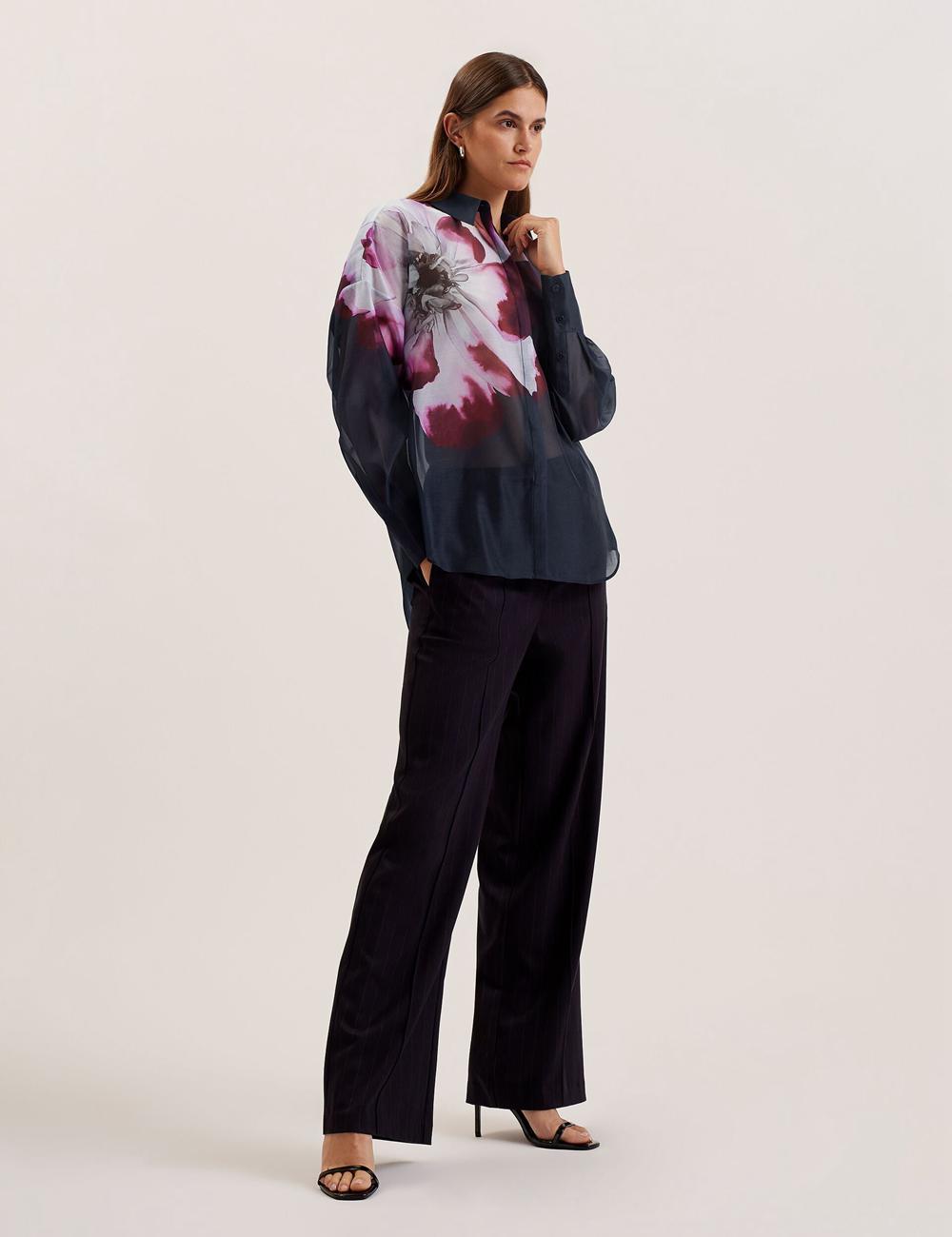 Navy Ted Baker ORRIN - Floral Sheer Organza Oversized Women Casual Shirts | SG  5987-WZAOQ