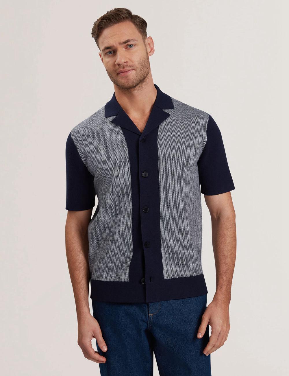 Navy Ted Baker PADRIG - Herringbone Knit Colour Block Short Sleeve Men Casual Shirts | SG  5379-KQVOJ