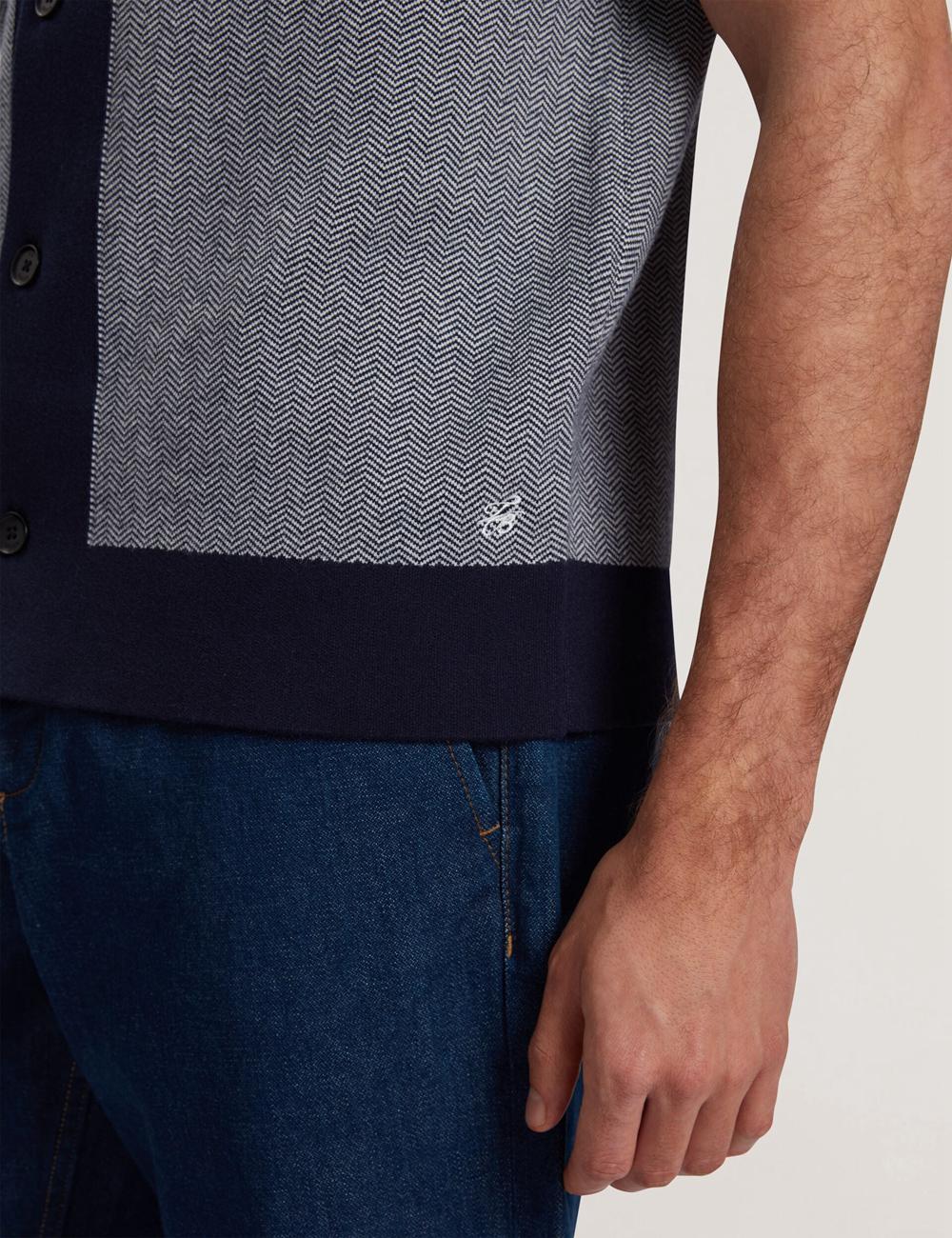Navy Ted Baker PADRIG - Herringbone Knit Colour Block Short Sleeve Men Casual Shirts | SG  5379-KQVOJ