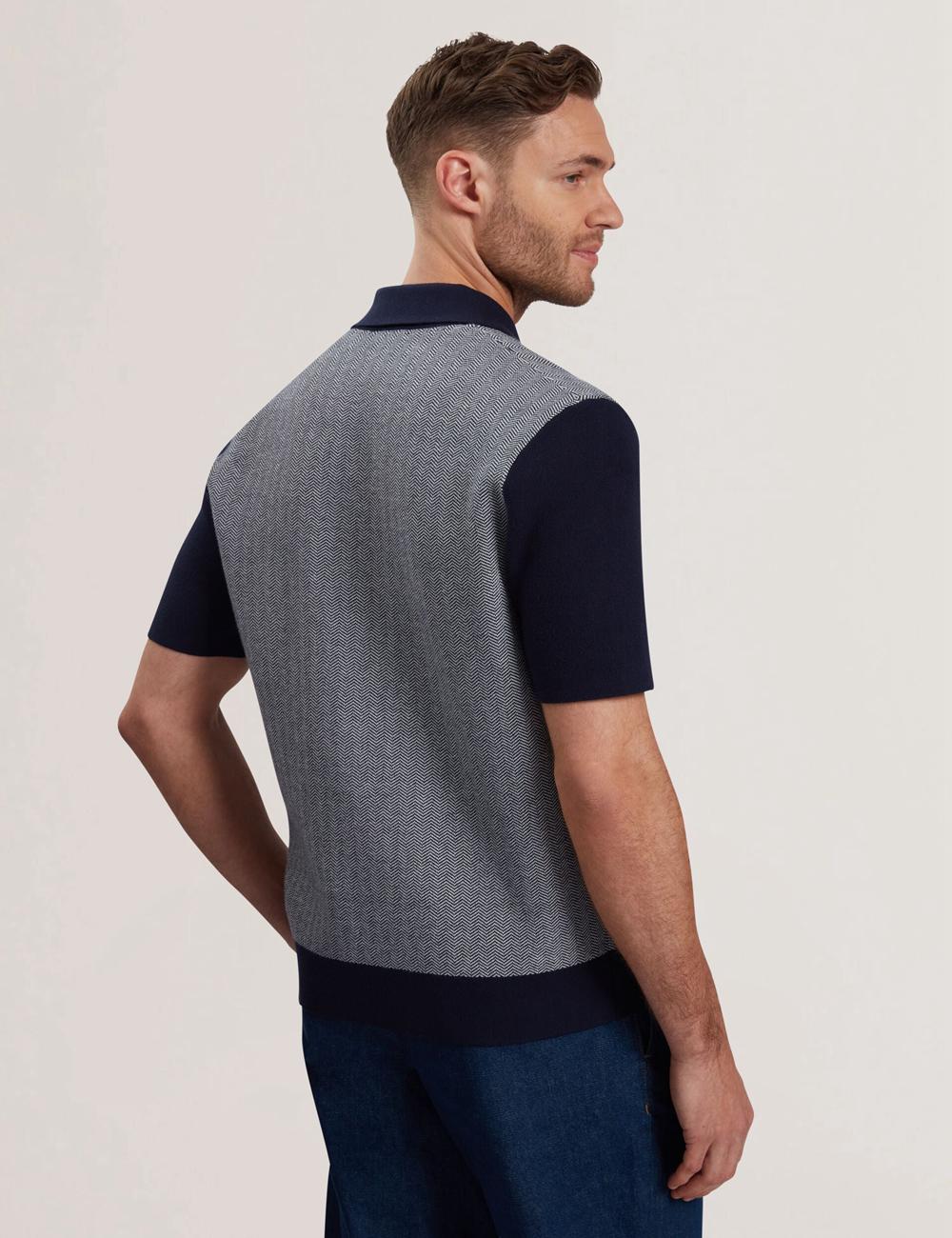 Navy Ted Baker PADRIG - Herringbone Knit Colour Block Short Sleeve Men Casual Shirts | SG  5379-KQVOJ
