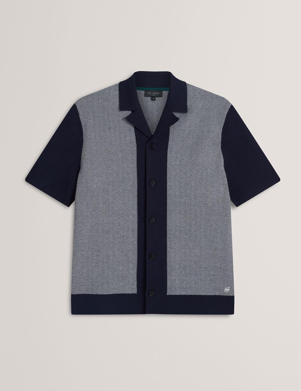 Navy Ted Baker PADRIG - Herringbone Knit Colour Block Short Sleeve Men Casual Shirts | SG  5379-KQVOJ