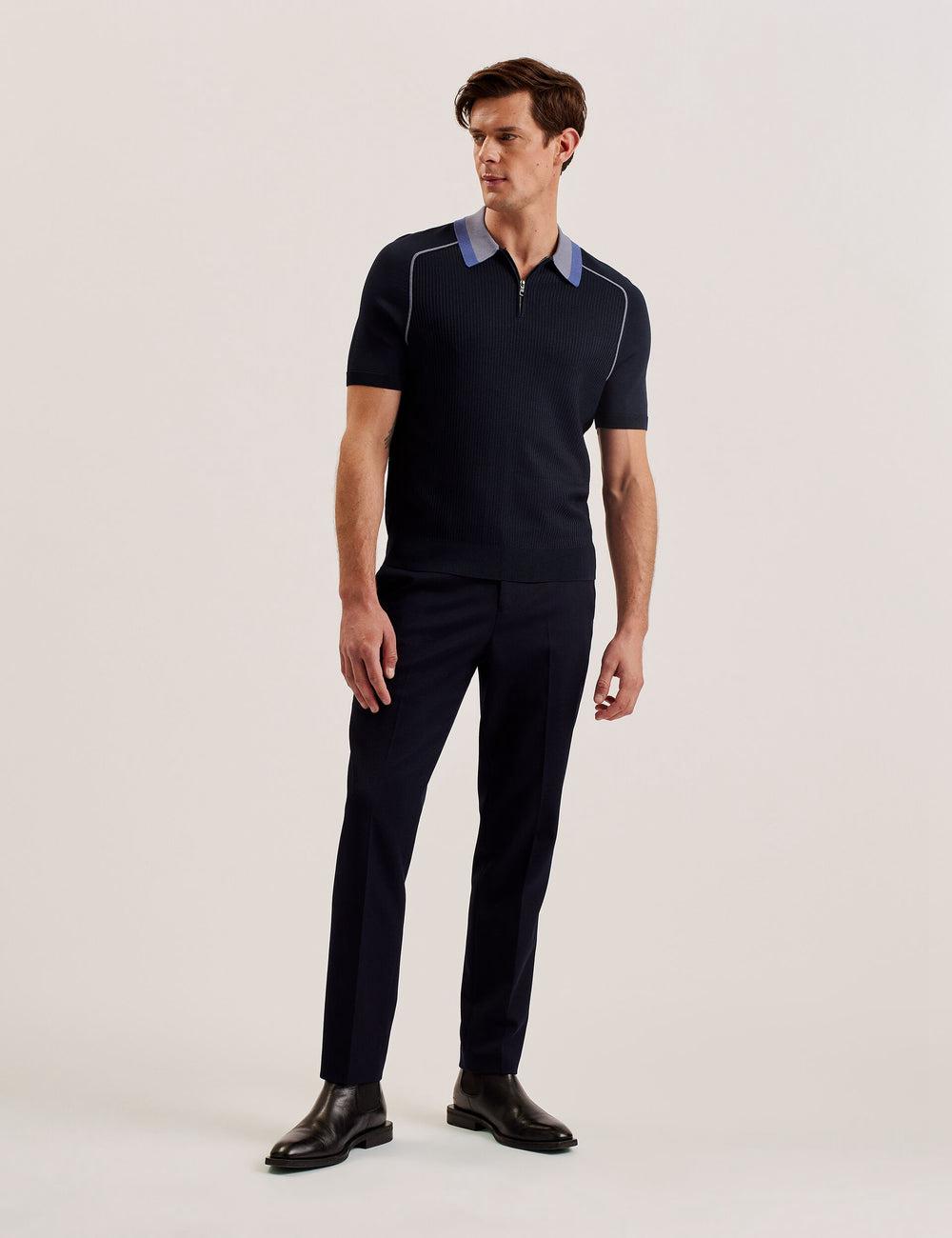 Navy Ted Baker PAXTO - Textured Zip With Striped Collar Men Polos Shirts | SG  8756-TEHBZ