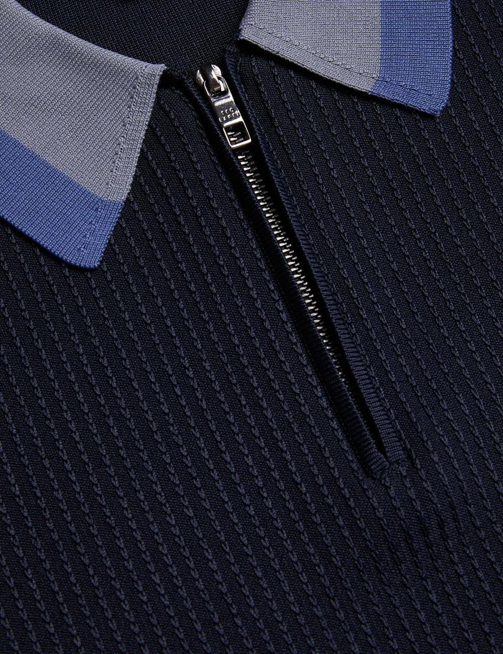Navy Ted Baker PAXTO - Textured Zip With Striped Collar Men Polos Shirts | SG  8756-TEHBZ
