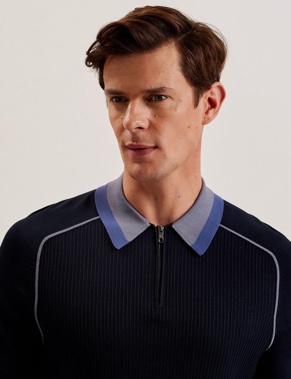 Navy Ted Baker PAXTO - Textured Zip With Striped Collar Men Polos Shirts | SG  8756-TEHBZ