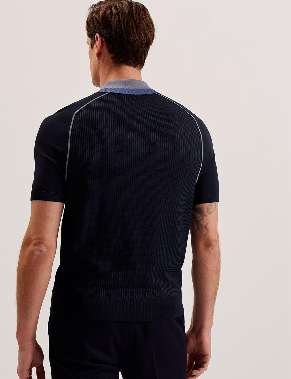Navy Ted Baker PAXTO - Textured Zip With Striped Collar Men Polos Shirts | SG  8756-TEHBZ