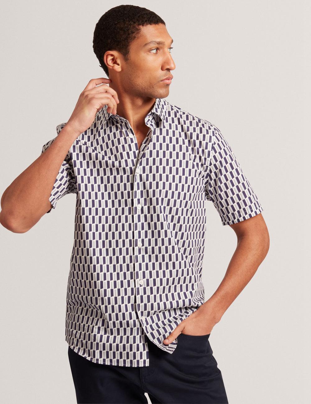 Navy Ted Baker PEARSOS - Geo Print Short Sleeve Cotton Men Casual Shirts | SG  1590-GCTNV
