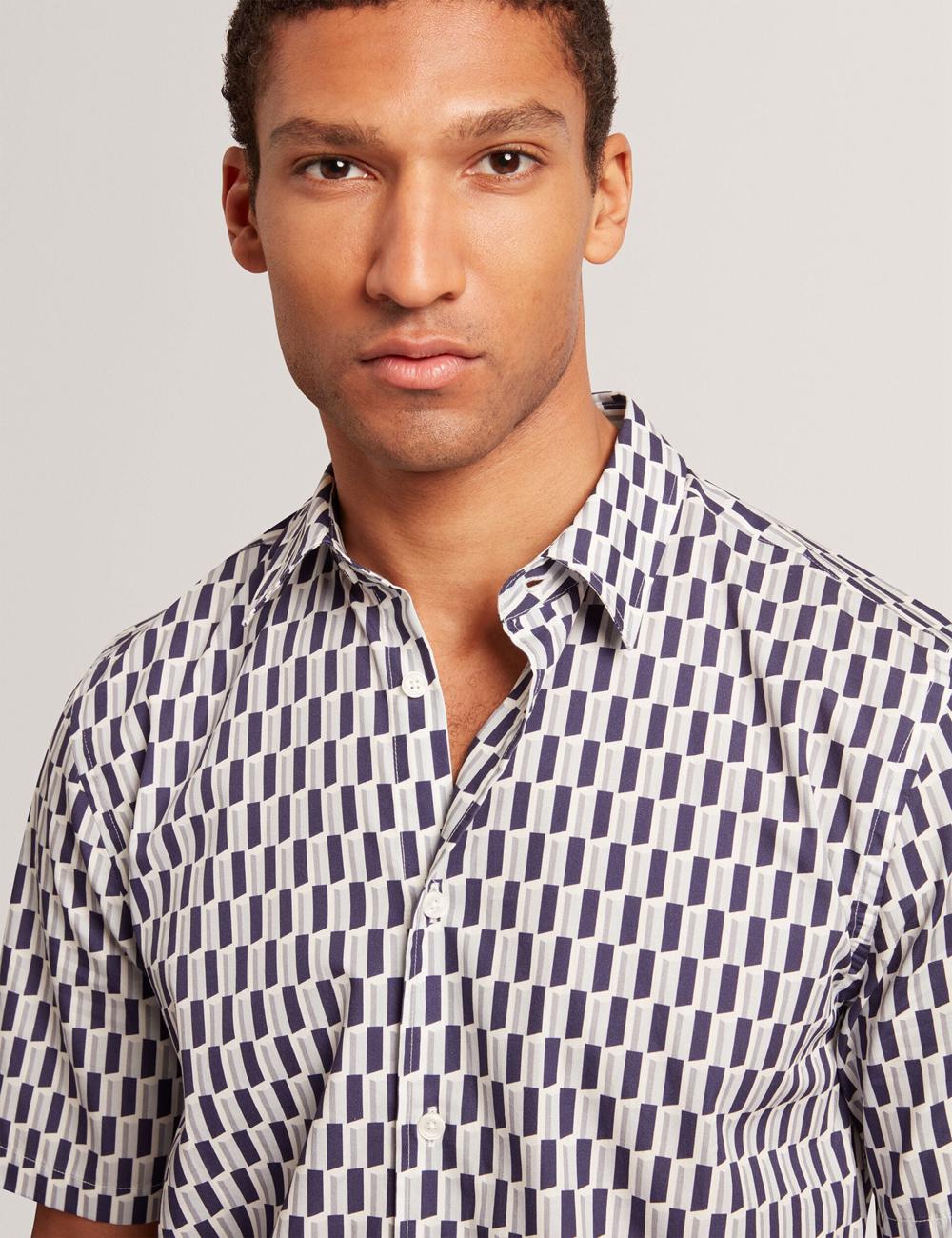 Navy Ted Baker PEARSOS - Geo Print Short Sleeve Cotton Men Casual Shirts | SG  1590-GCTNV