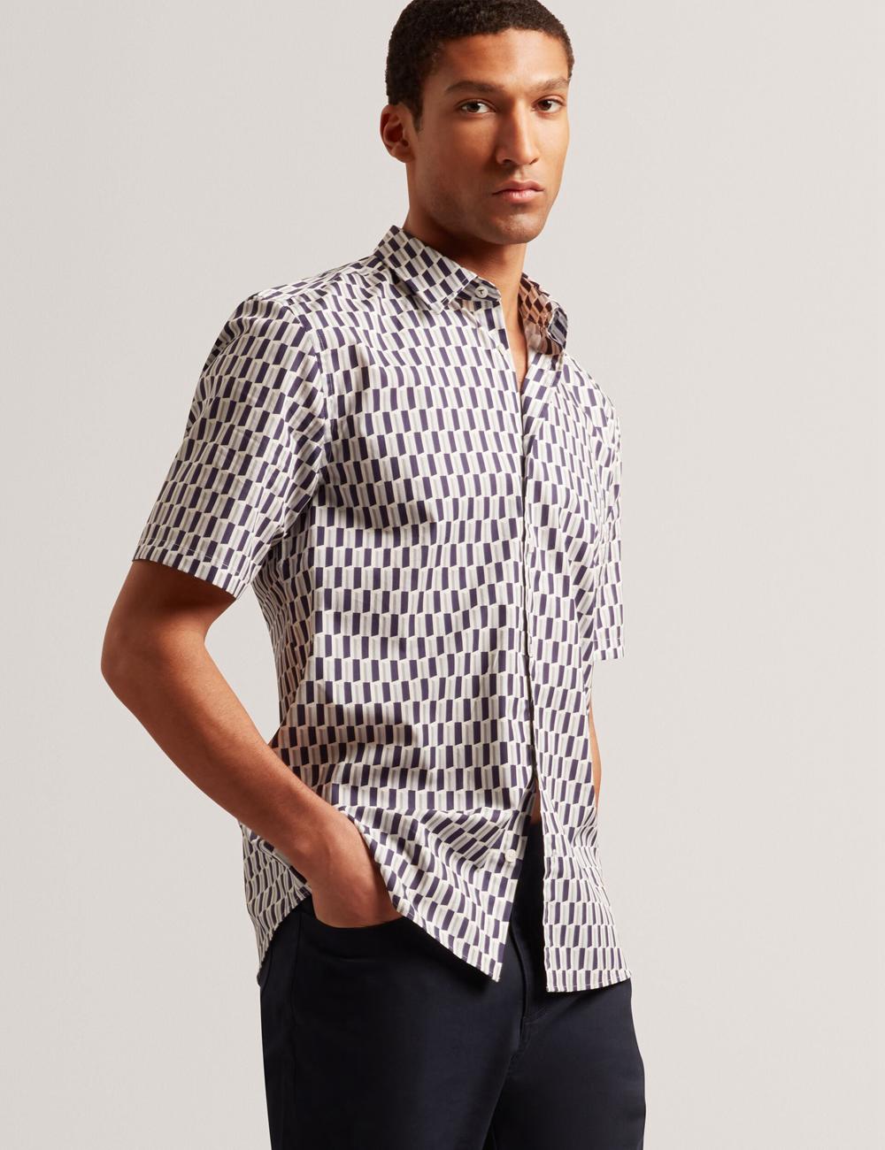 Navy Ted Baker PEARSOS - Geo Print Short Sleeve Cotton Men Casual Shirts | SG  1590-GCTNV