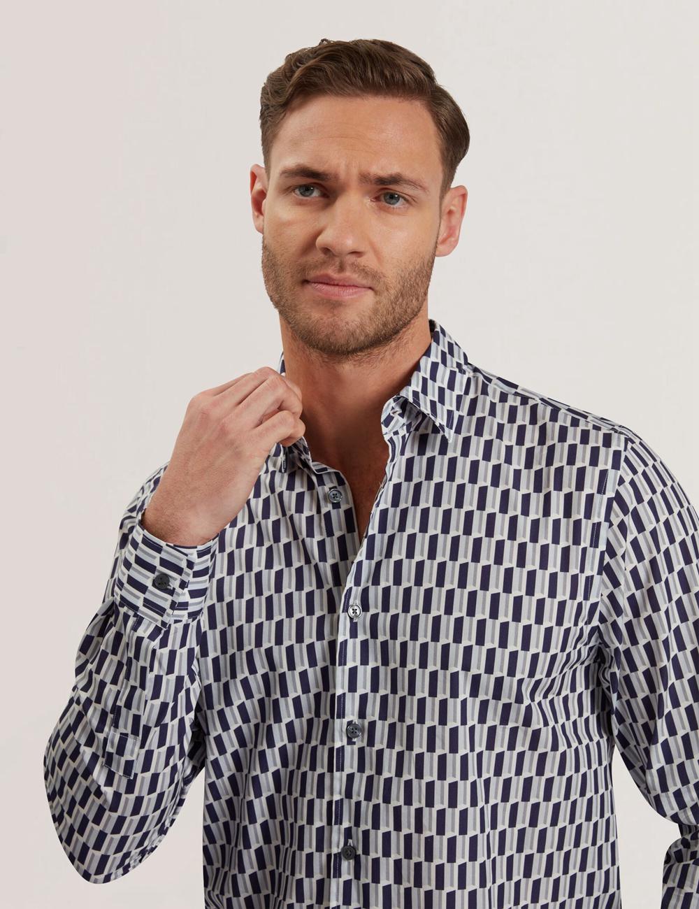 Navy Ted Baker PEARSO - Geometric Stripe Long Sleeve Cotton Men Casual Shirts | SG  1329-NPBCK
