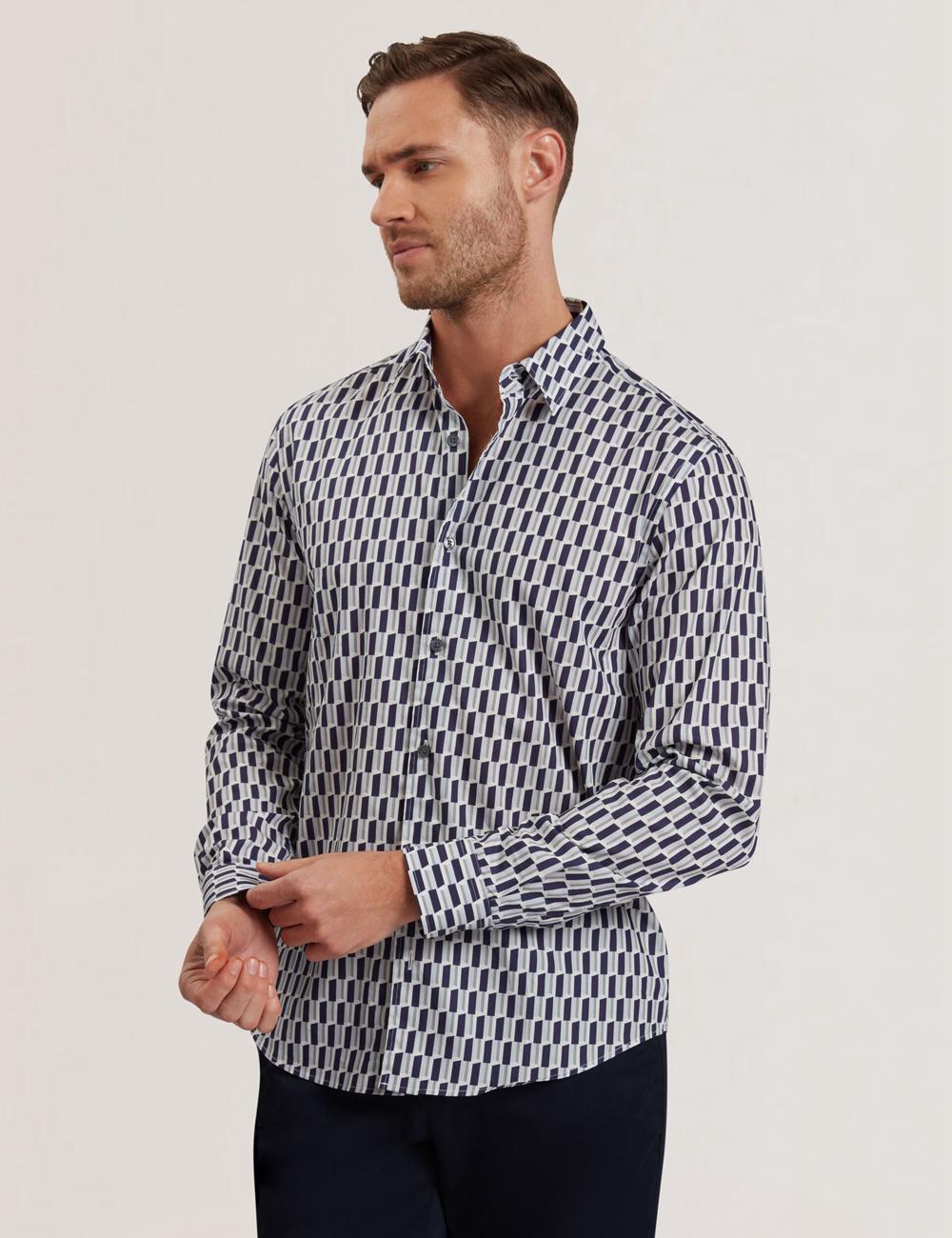 Navy Ted Baker PEARSO - Geometric Stripe Long Sleeve Cotton Men Casual Shirts | SG  1329-NPBCK