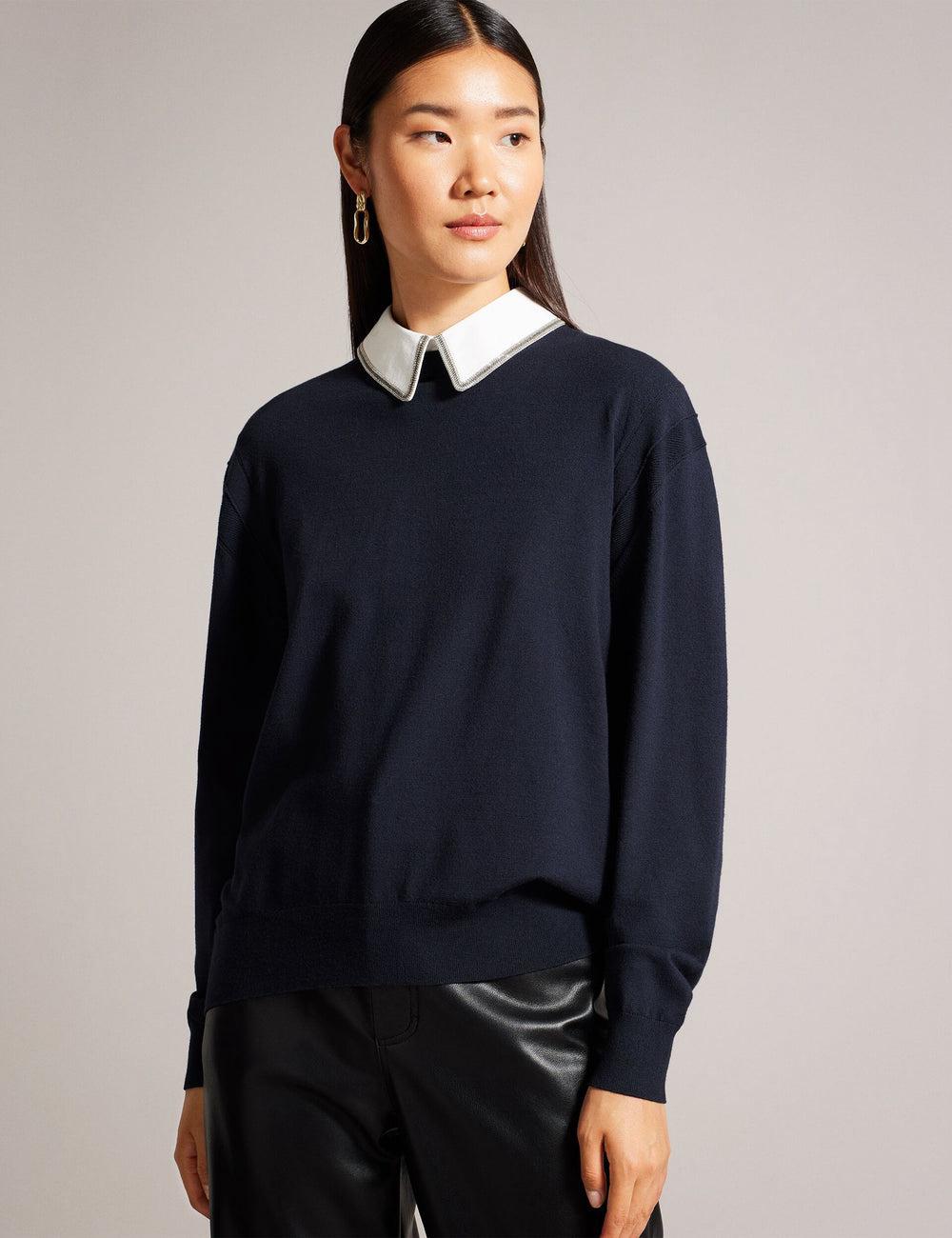 Navy Ted Baker PENNII - Mockable With Embellished Shirt Collar Women Jumpers | SG  6712-AOFDM