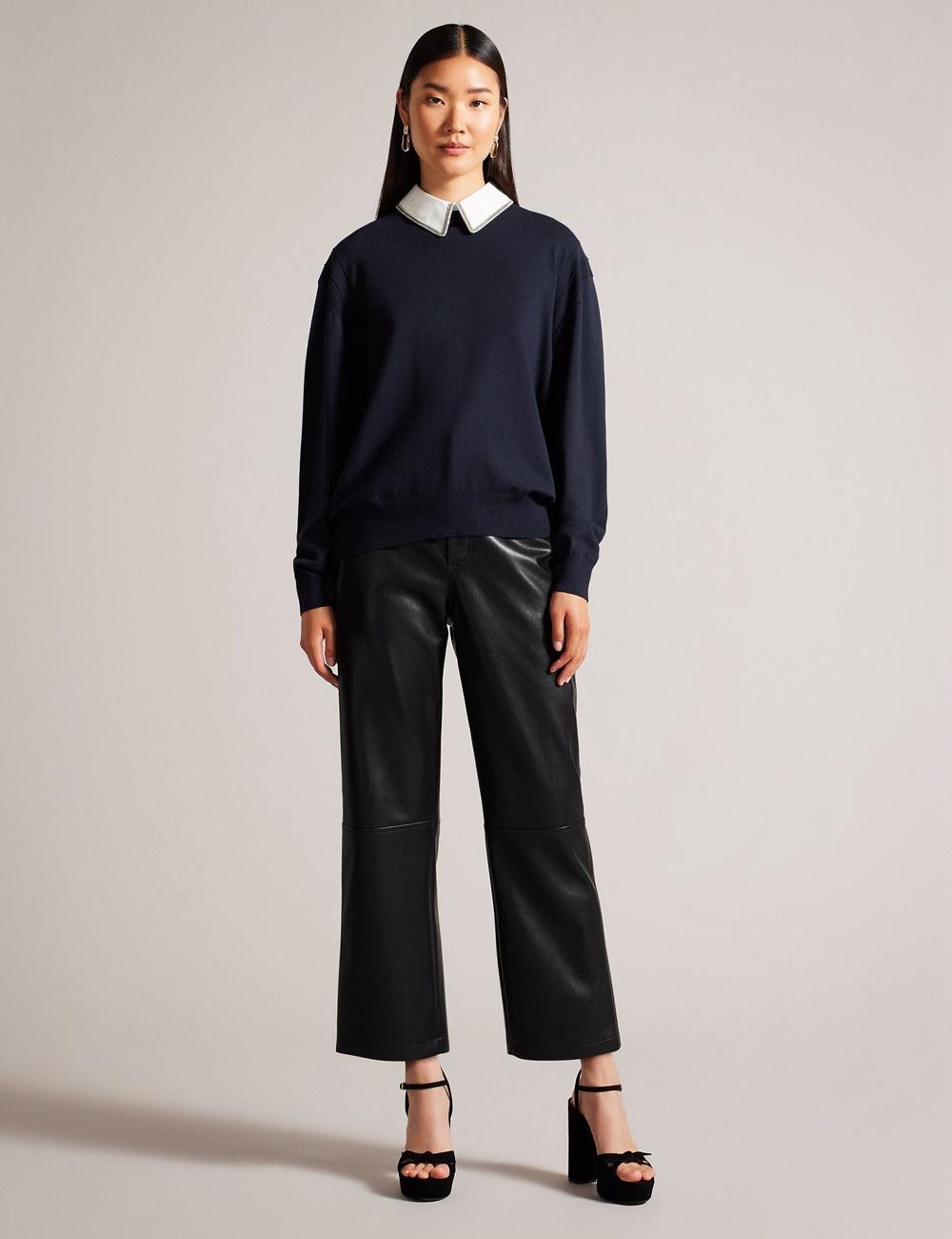 Navy Ted Baker PENNII - Mockable With Embellished Shirt Collar Women Jumpers | SG  6712-AOFDM