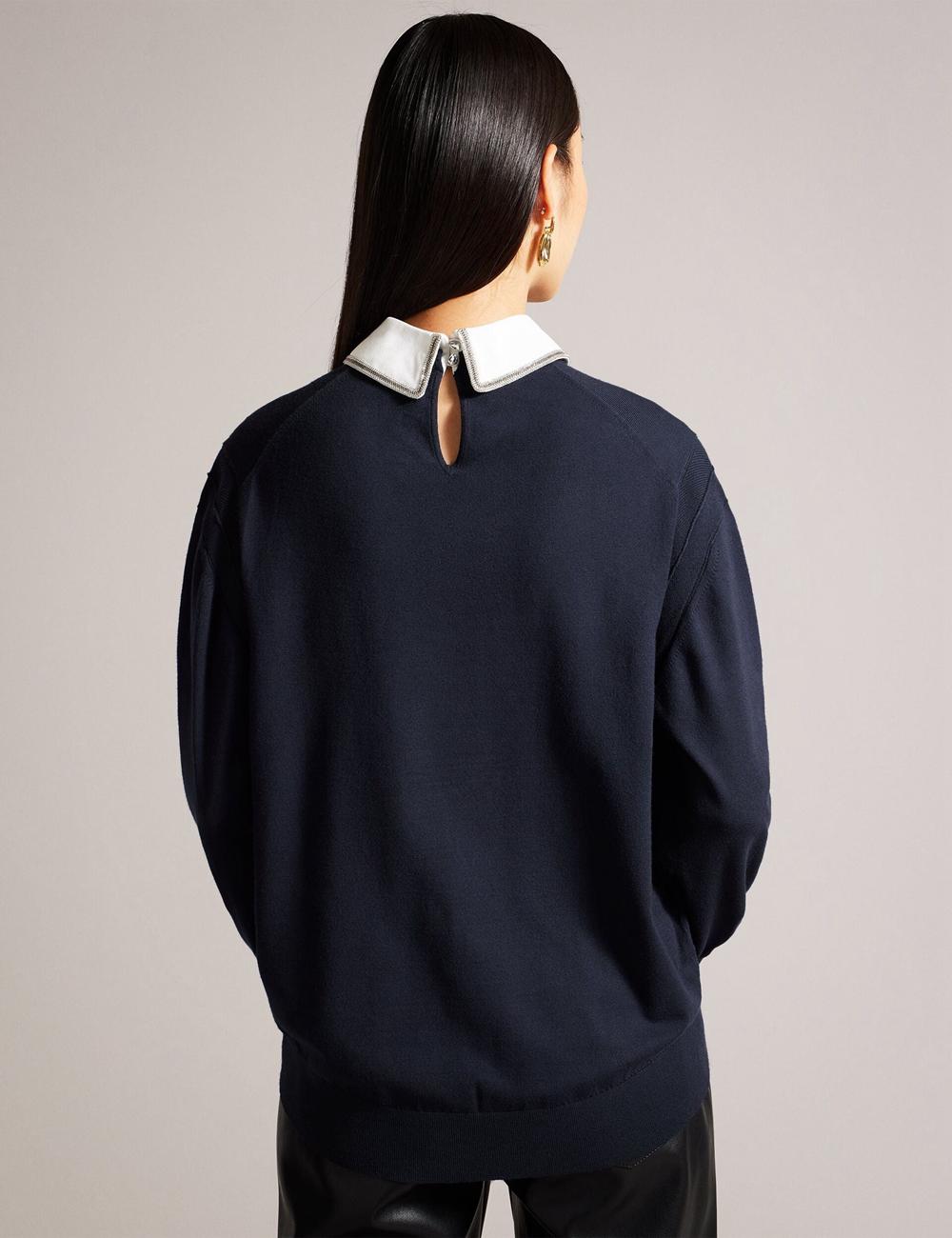 Navy Ted Baker PENNII - Mockable With Embellished Shirt Collar Women Jumpers | SG  6712-AOFDM