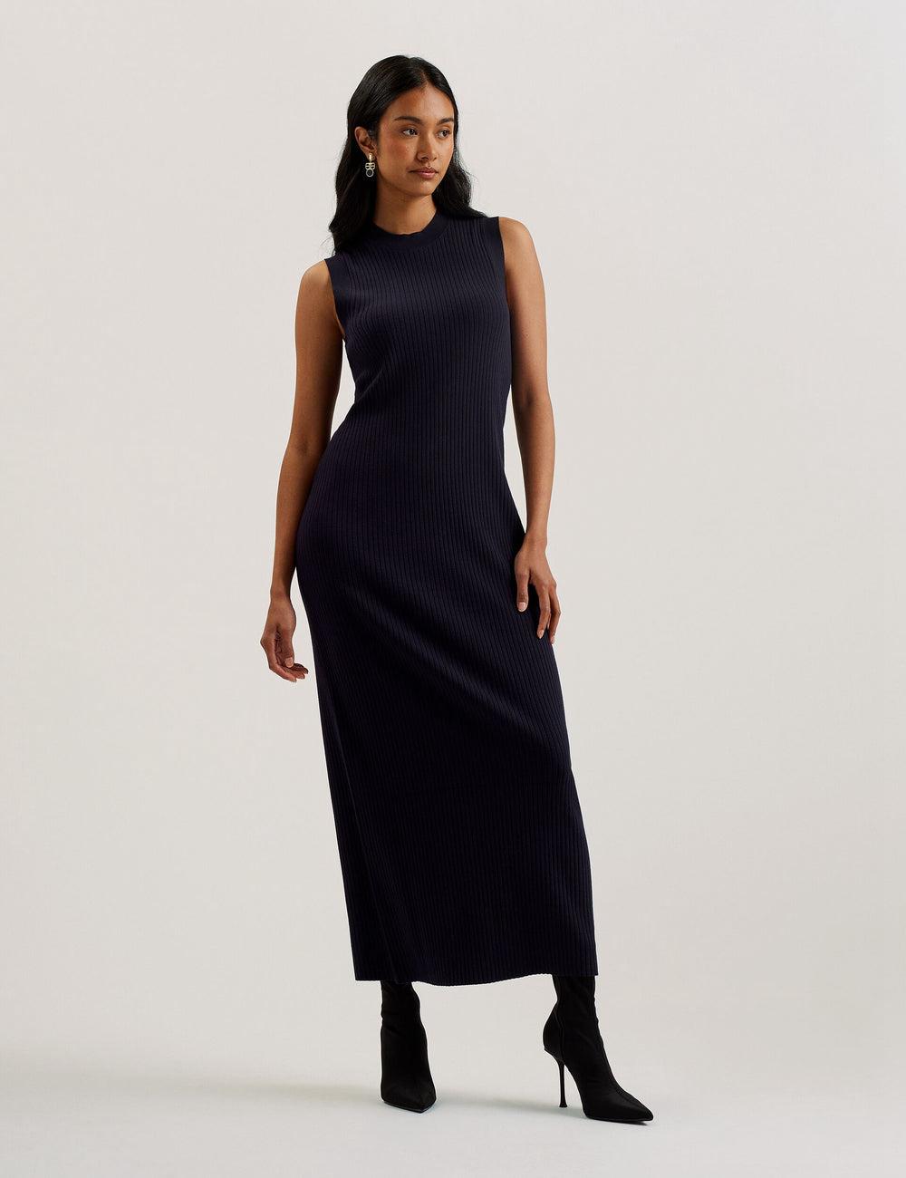 Navy Ted Baker SANDIII - Sleeveless Ribbed Knit Column Women Maxi Dresses | SG  5804-LRJWB