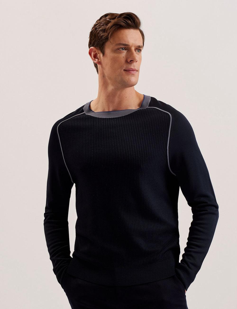 Navy Ted Baker TOREZ - Long Sleeve Textured Knit Top Men Jumpers | SG  3084-DUOFN