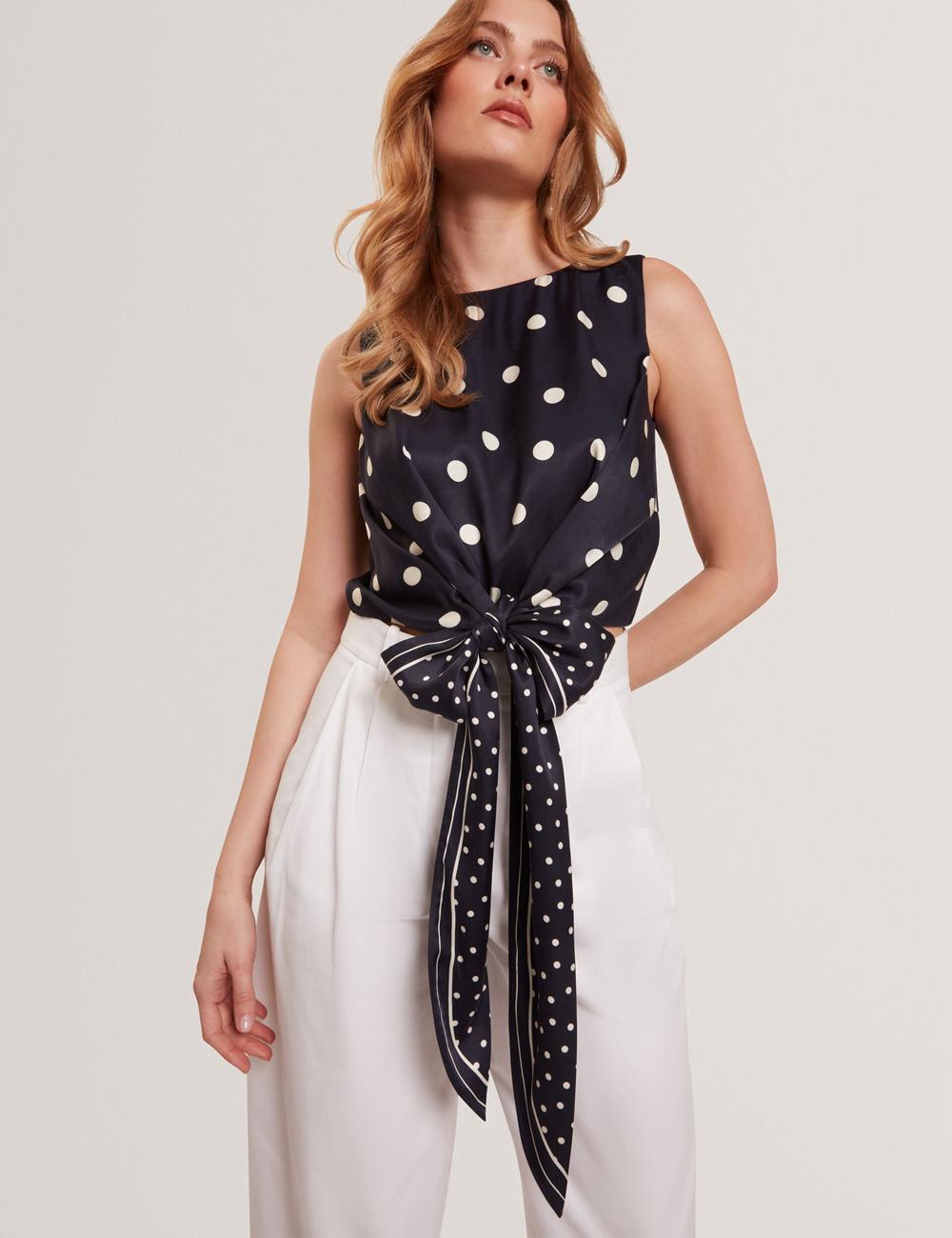 Navy Ted Baker VEIRAA - Polka Dot Front Sleeveless Crop Women Tops | SG  1523-JAOPM