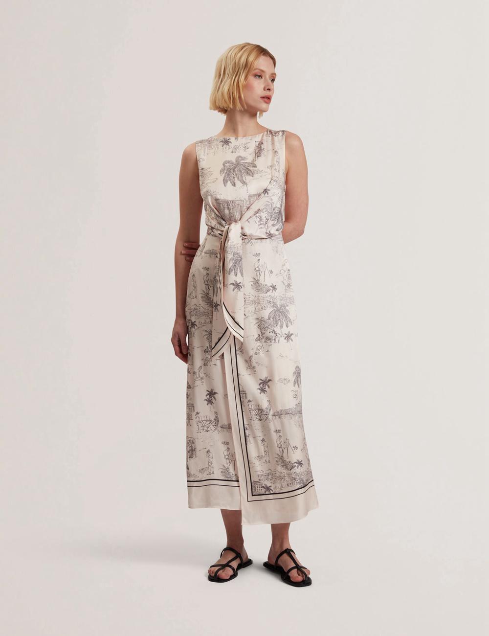 Nude-Pink Ted Baker MARRONA - Printed Wrap Front Sleeveless Women Midi Dresses | SG  4529-VMLCO