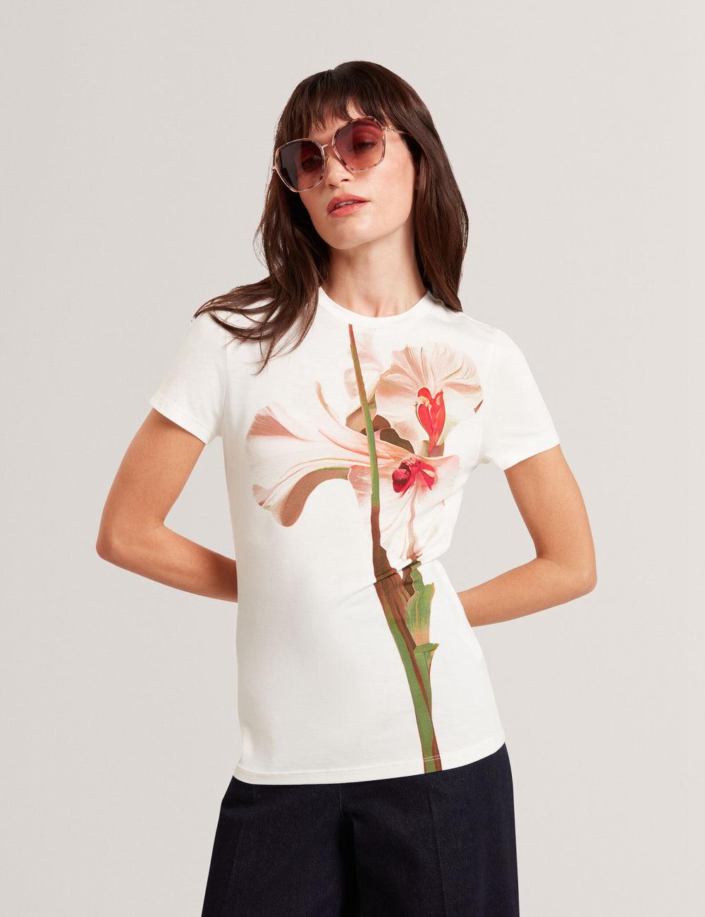 Nude-Pink Ted Baker MEELIEE - Floral Graphic Fitted Crew Neck Women T-Shirts | SG  4321-XMTCH