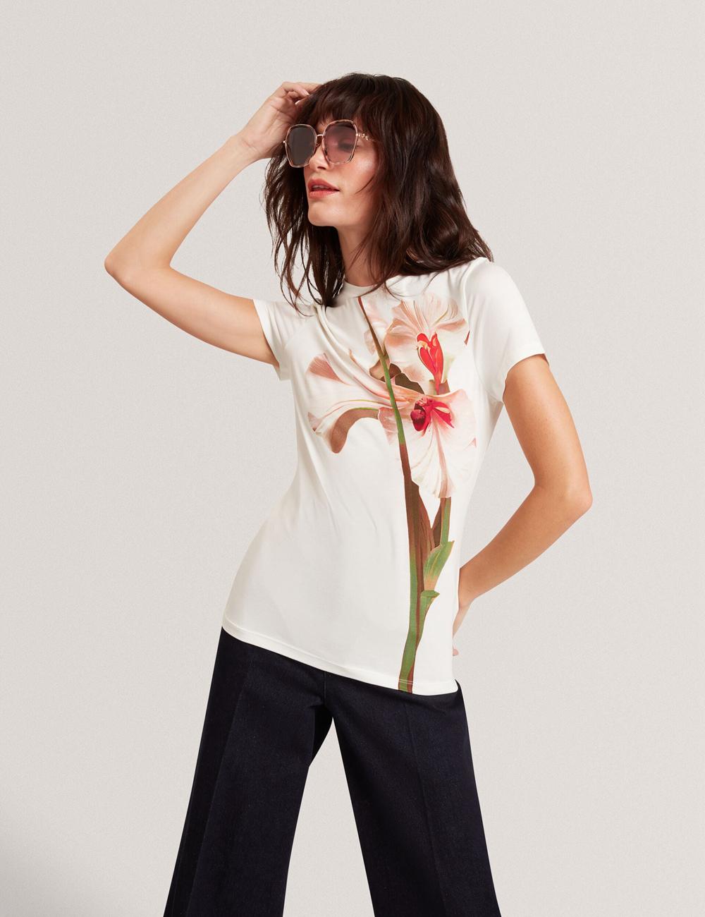 Nude-Pink Ted Baker MEELIEE - Floral Graphic Fitted Crew Neck Women T-Shirts | SG  4321-XMTCH