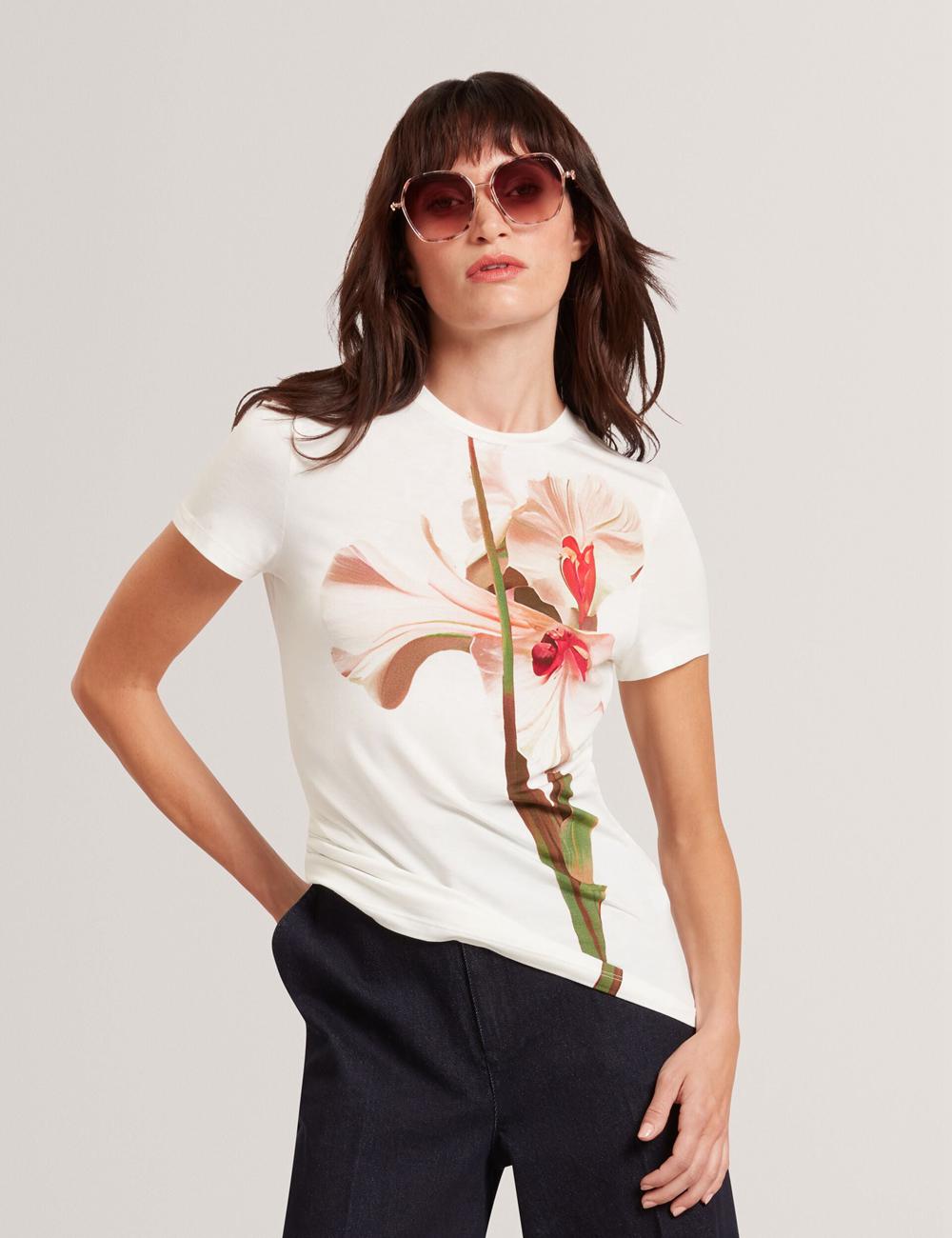 Nude-Pink Ted Baker MEELIEE - Floral Graphic Fitted Crew Neck Women T-Shirts | SG  4321-XMTCH