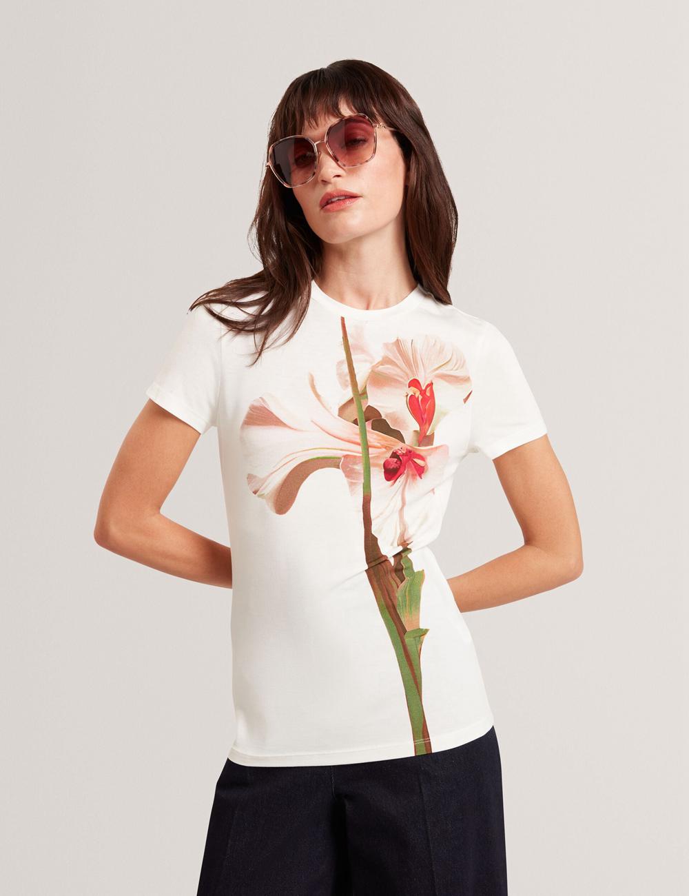Nude-Pink Ted Baker MEELIEE - Floral Graphic Fitted Crew Neck Women T-Shirts | SG  4321-XMTCH