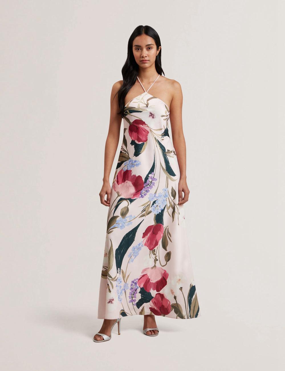 Pink Ted Baker ALMARIA - Floral Halter Neck Woven Women Maxi Dresses | SG  8053-HBNSO