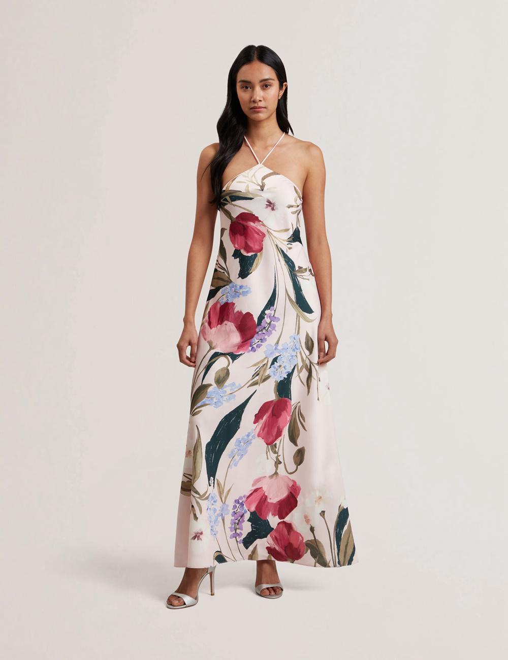 Pink Ted Baker ALMARIA - Floral Halter Neck Woven Women Maxi Dresses | SG  8053-HBNSO